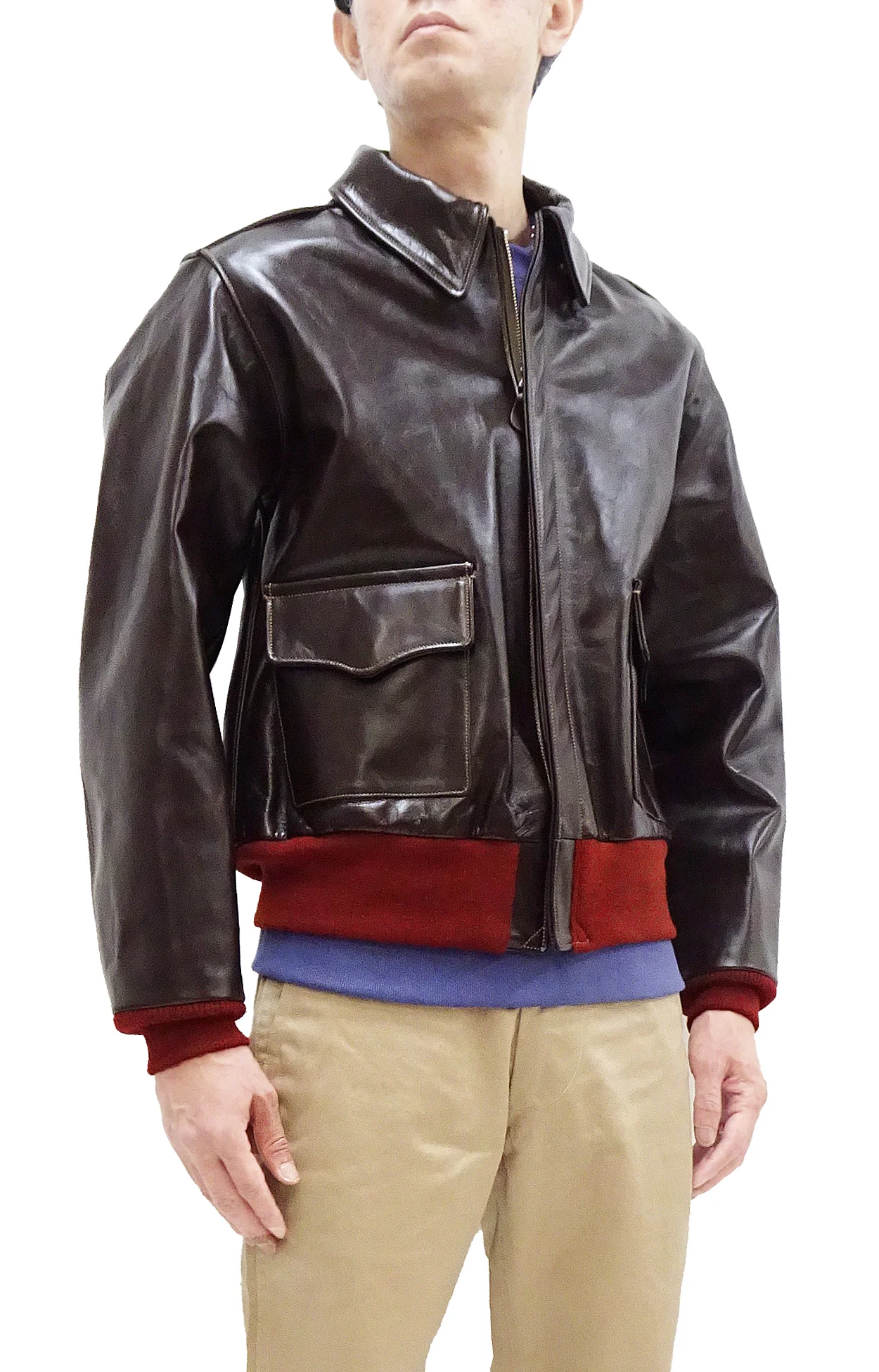 Buzz Rickson A-2 Flight Jacket Men's Reproduction of Aero Leather W535 ac-21996 A2 Leather Bomber Jacket with Red Rib BR80644 Seal-Brown - Image 4