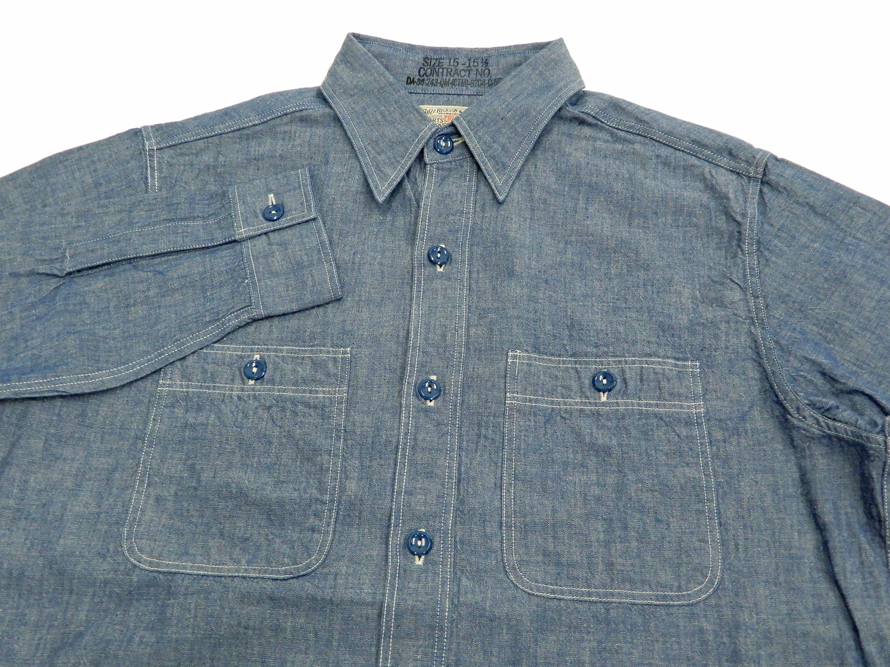 Buzz Rickson Chambray Shirt Men's U.S. Navy Military Style Plain Long Sleeve Button Up Shirt BR25995 Blue Chambray - Image 6