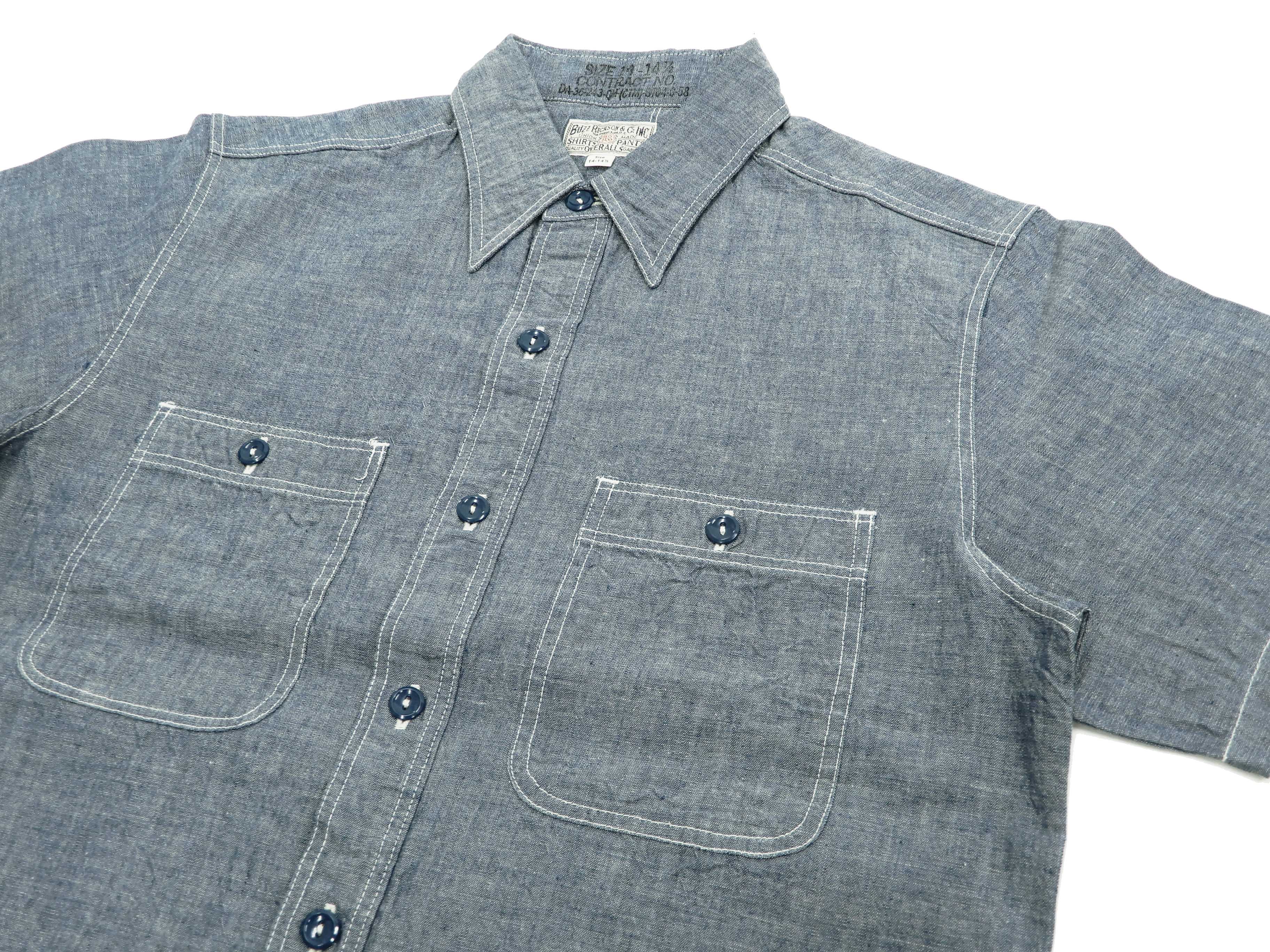Buzz Rickson Chambray Shirt, Men's U.S. Navy Military Style Short Sleeve Button Up Shirt BR35856 Blue - Image 7