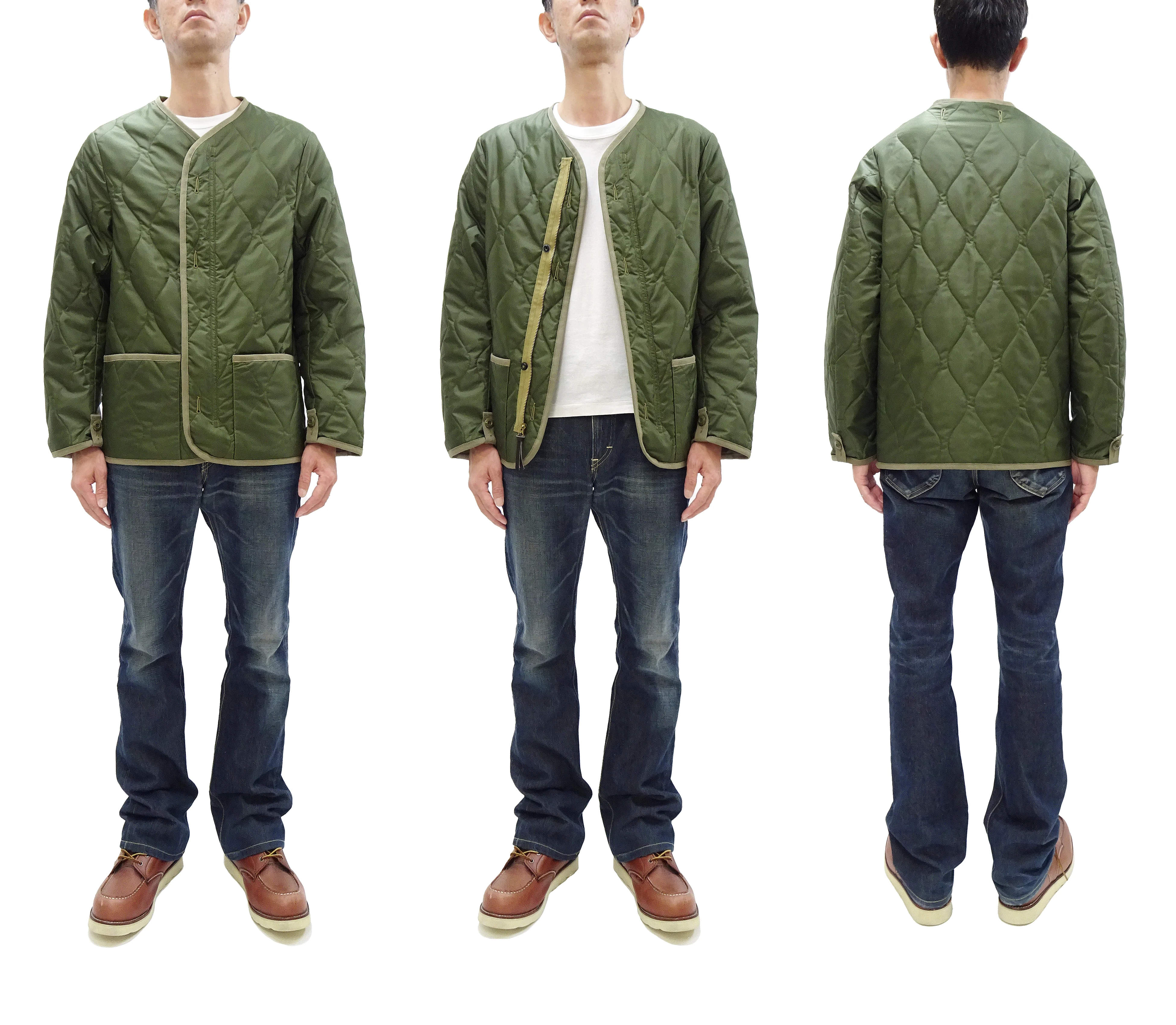 Buzz Rickson Collarless Nylon Quilted Jacket Men's Updated Version Inspired by the Design of the M-65 Field Jacket Liner BR14863 Olive - Image 3