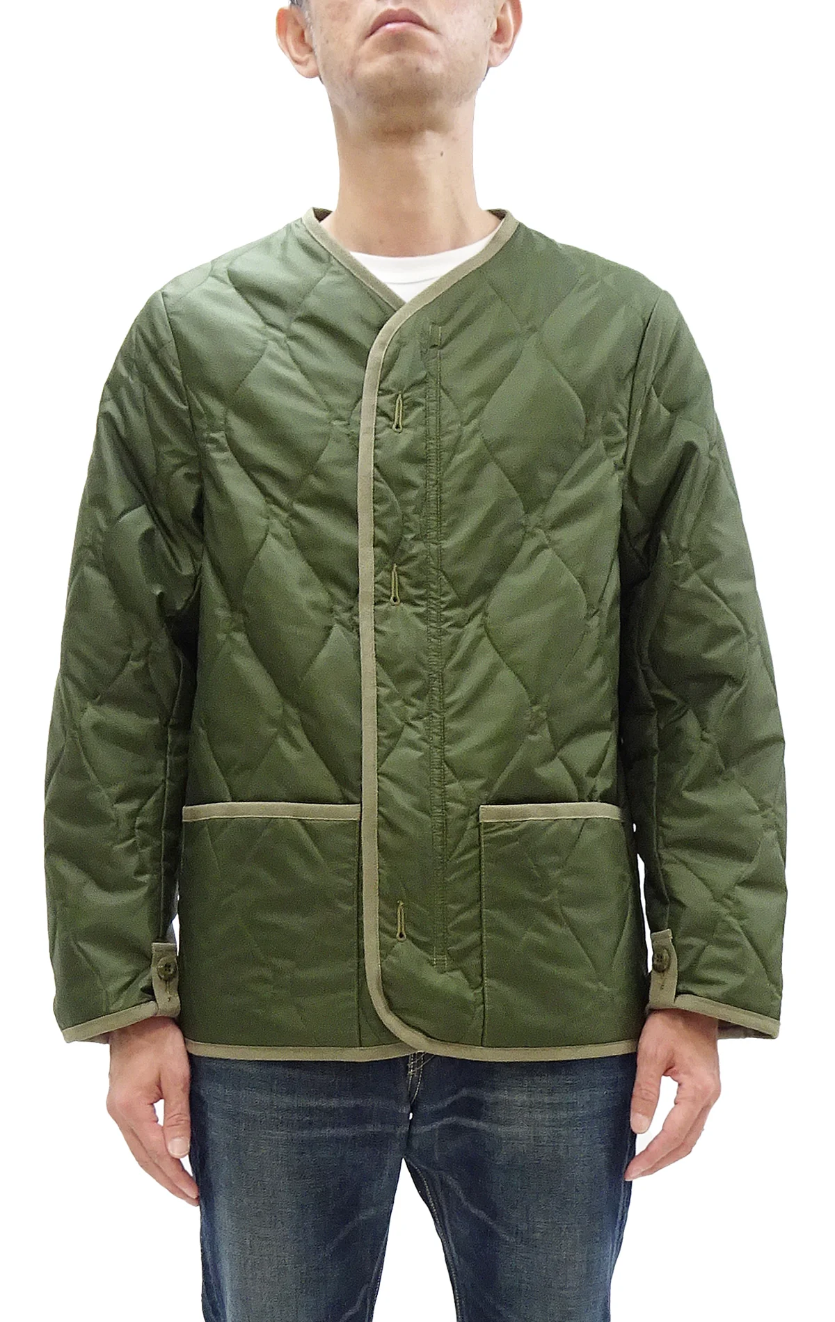 Buzz Rickson Collarless Nylon Quilted Jacket Men's Updated Version Inspired by the Design of the M-65 Field Jacket Liner BR14863 Olive - Image 4