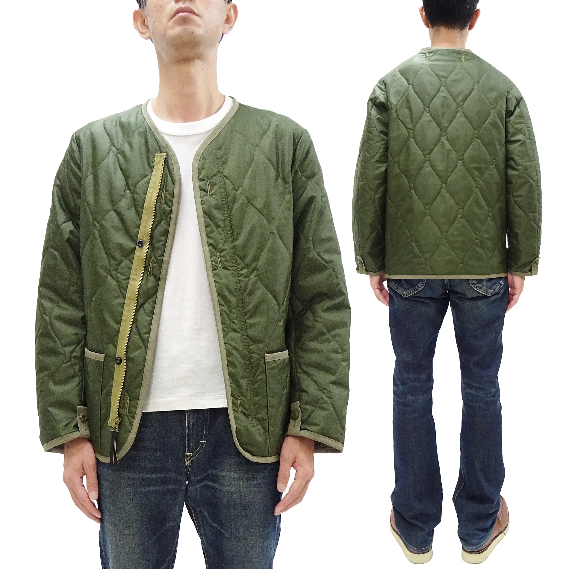 Buzz Rickson Collarless Nylon Quilted Jacket Men's Updated Version Inspired by the Design of the M-65 Field Jacket Liner BR14863 Olive - Image 6