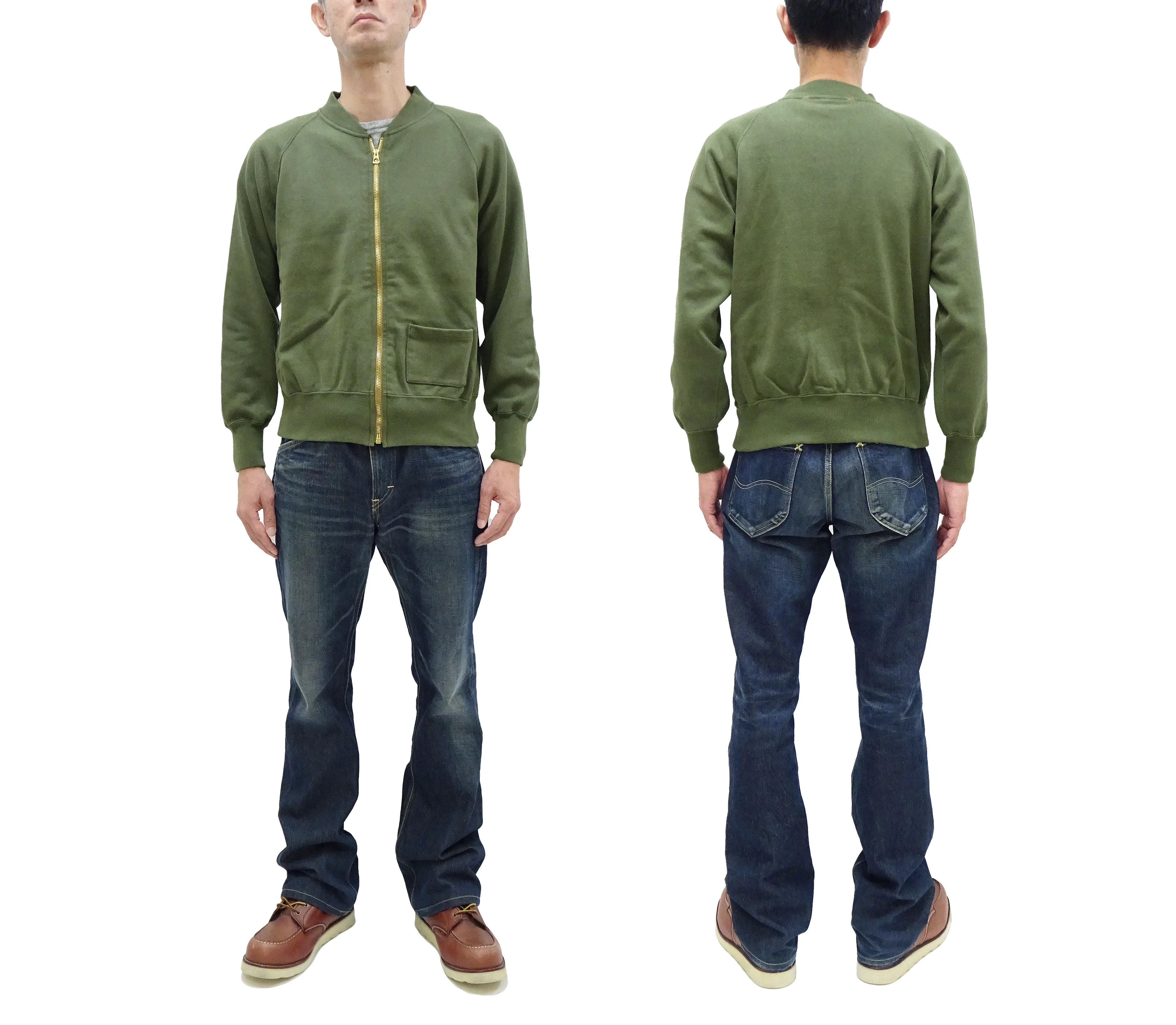 Buzz Rickson Cotton Jersey Zip-Up Top Men's WWII USAAF Type C-2 Style Front Zip Cardigan with Rib Panel BR69444 149 Olive - Image 3
