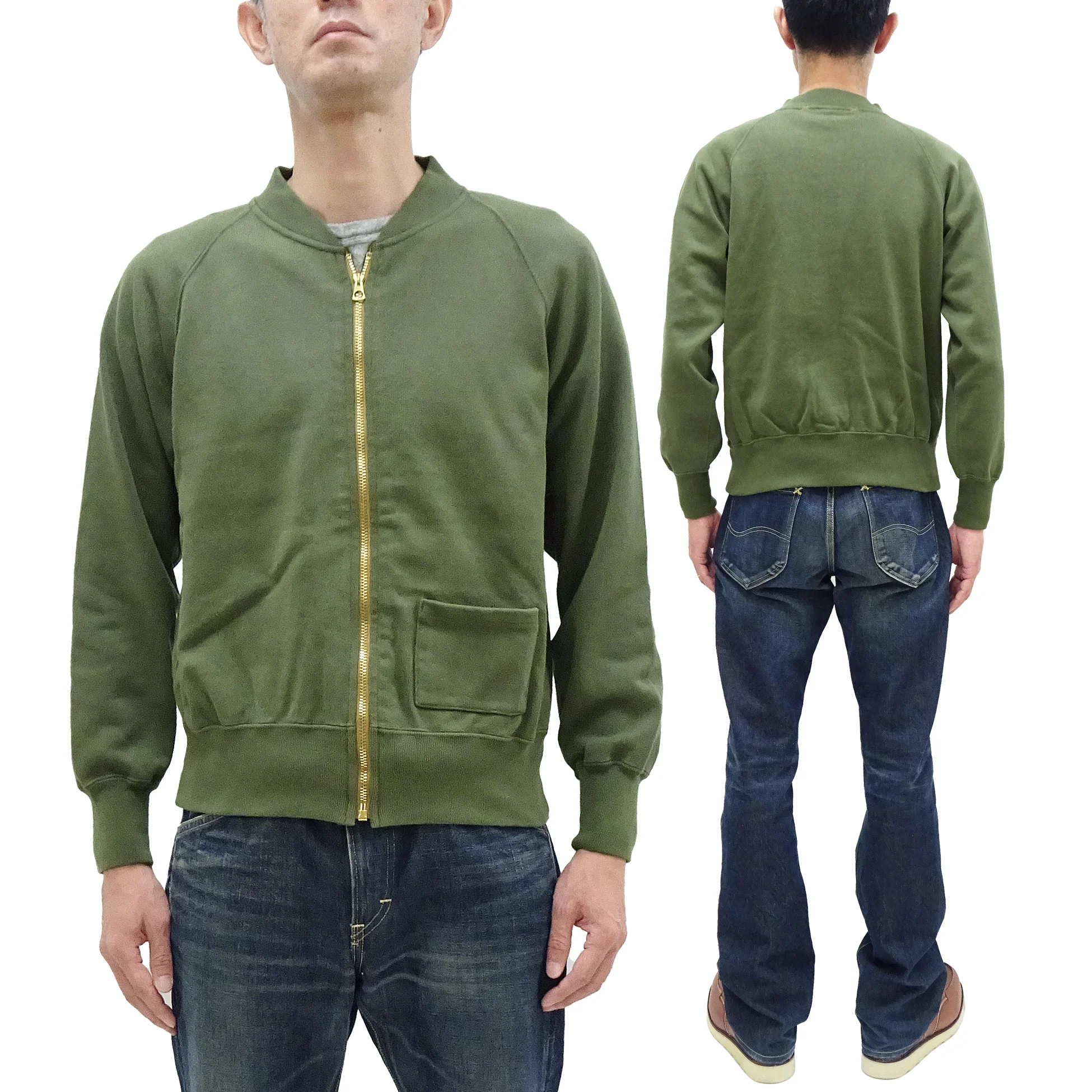 Buzz Rickson Cotton Jersey Zip-Up Top Men's WWII USAAF Type C-2 Style Front Zip Cardigan with Rib Panel BR69444 149 Olive - Image 5
