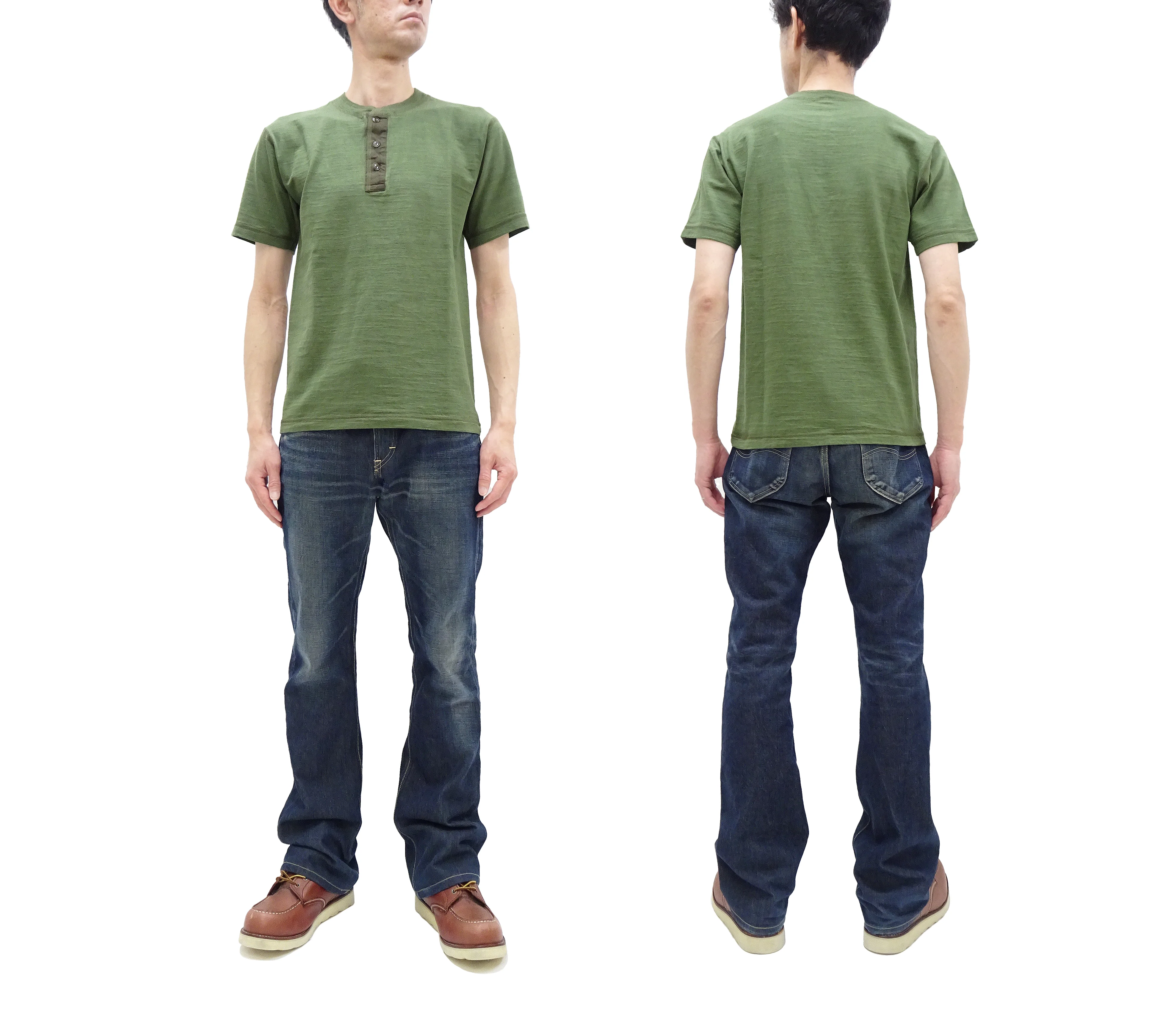 Buzz Rickson Henley T-Shirt Men's Short Sleeve Plain Loopwheeled Slub Yarn Tee BR79192 149 Olive - Image 3