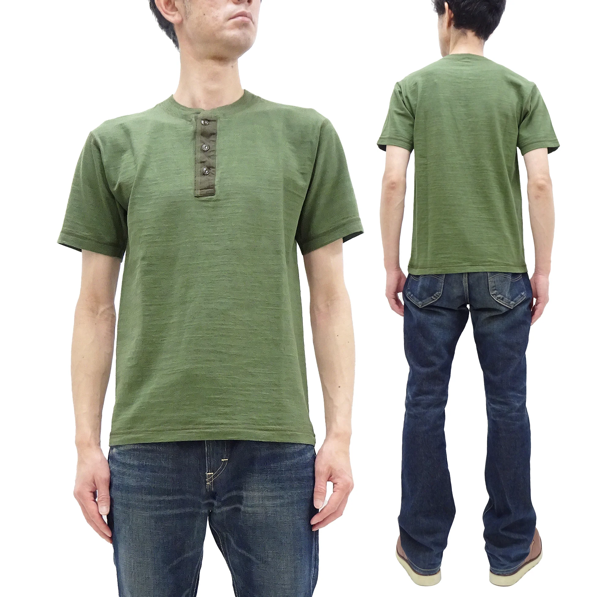 Buzz Rickson Henley T-Shirt Men's Short Sleeve Plain Loopwheeled Slub Yarn Tee BR79192 149 Olive - Image 5