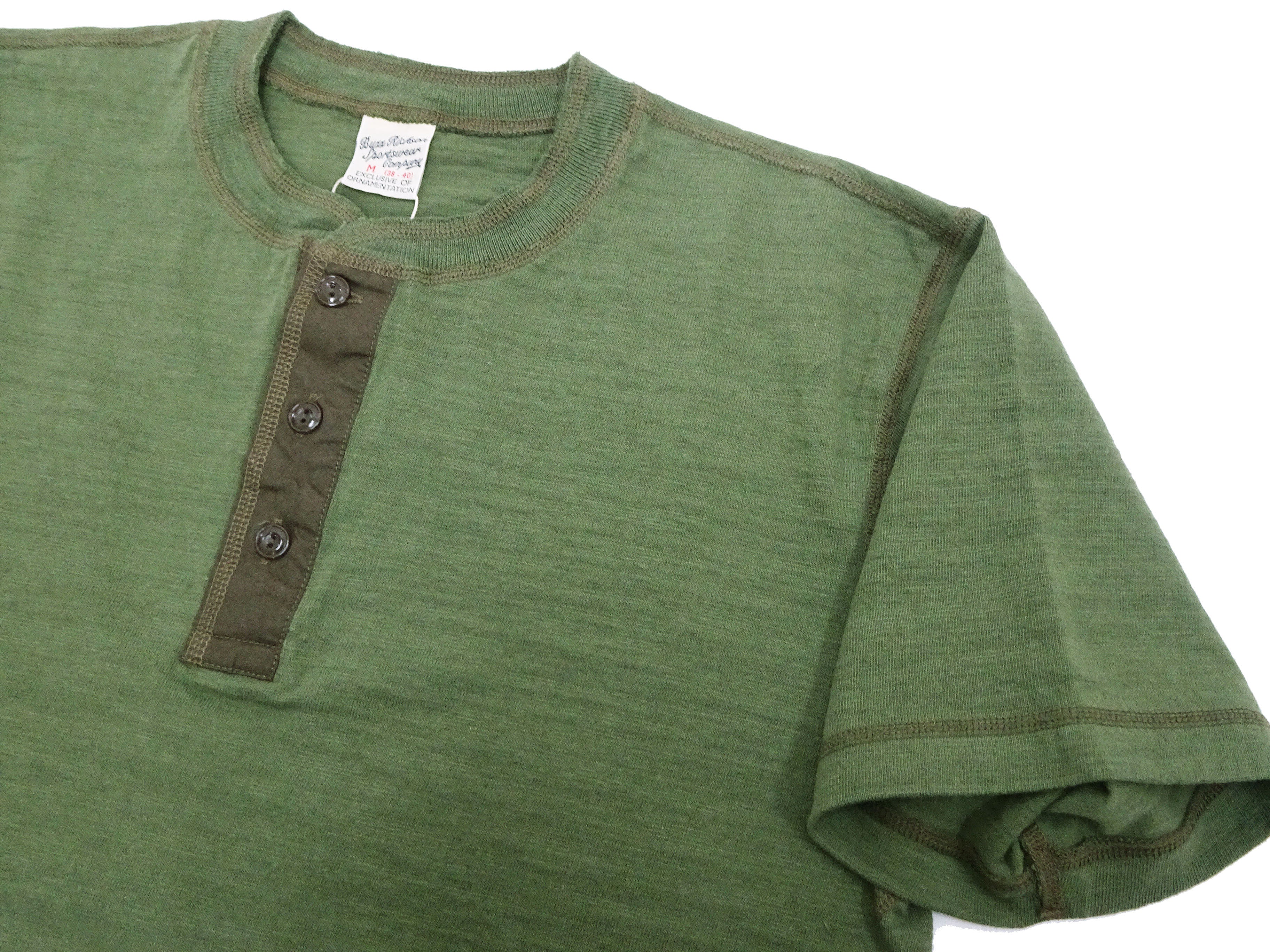 Buzz Rickson Henley T-Shirt Men's Short Sleeve Plain Loopwheeled Slub Yarn Tee BR79192 149 Olive - Image 7