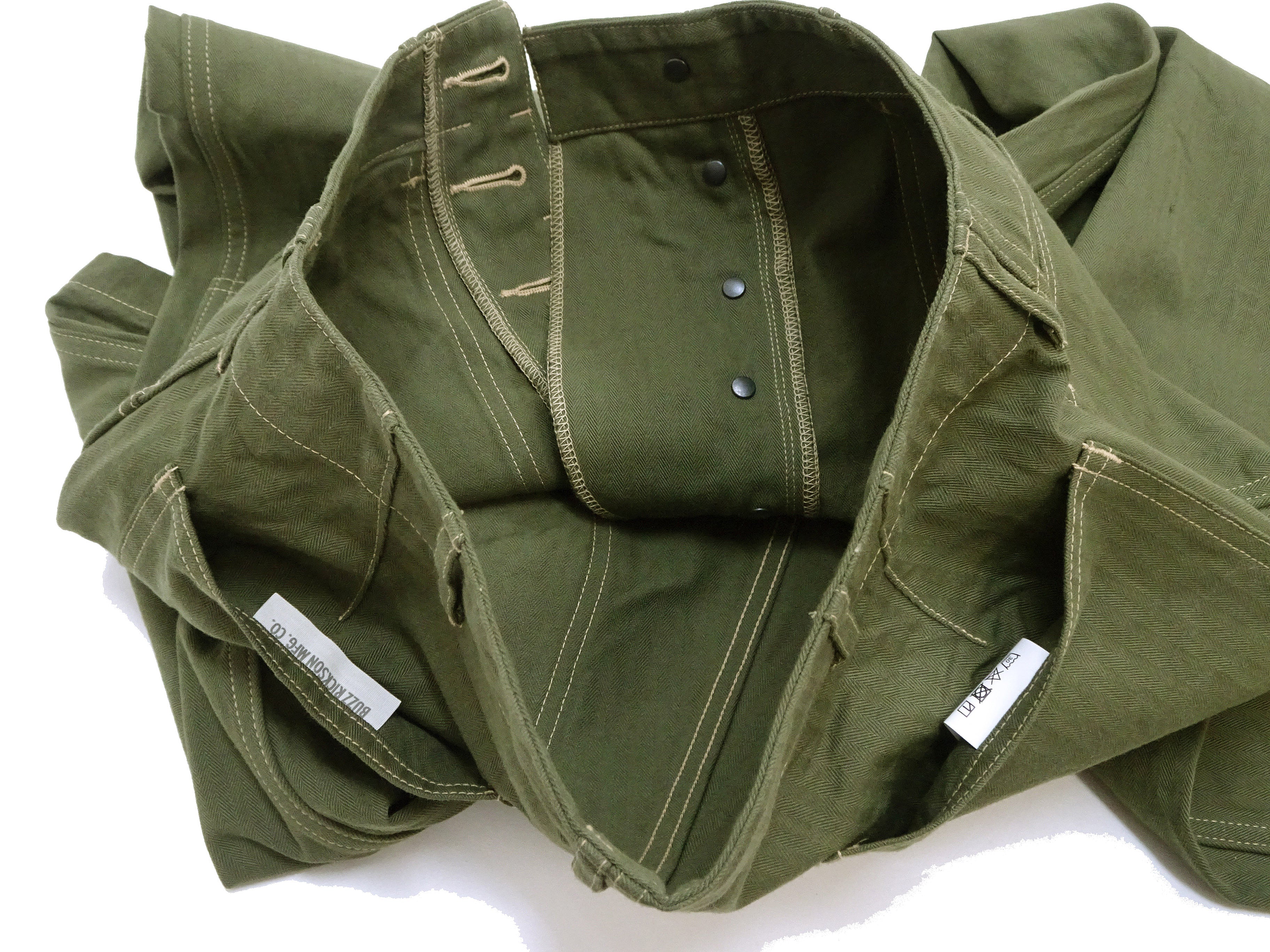 Buzz Rickson Herringbone Pants Men's Baggy Straight, Button Fly, Olive - U.S. Marine Corps M-1941 Utility Trousers Repro - Image 18