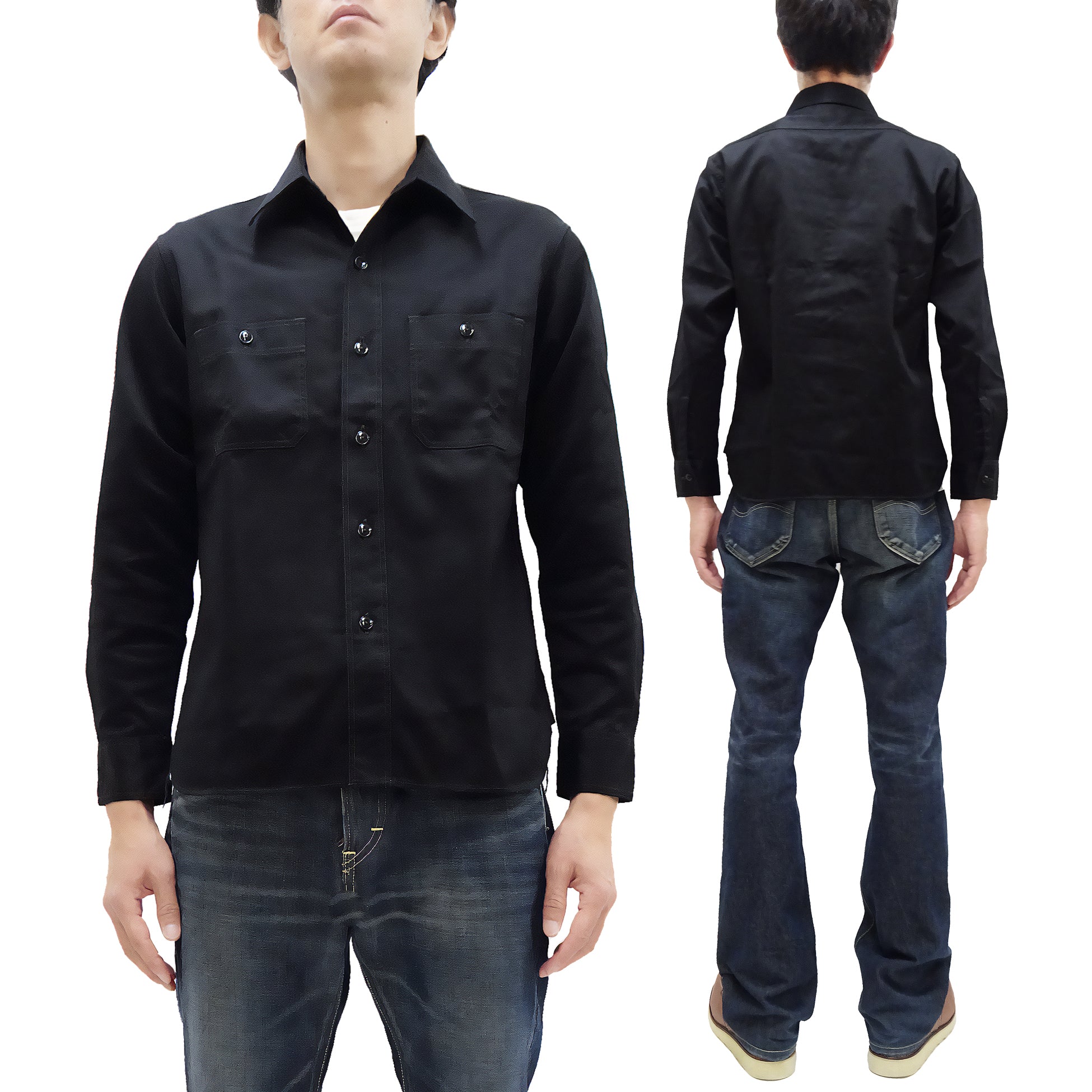 Buzz Rickson Herringbone Shirt Men's Casual Long Sleeve Plain HBT Button Up Work Shirt BR29390 119 Black - Image 5