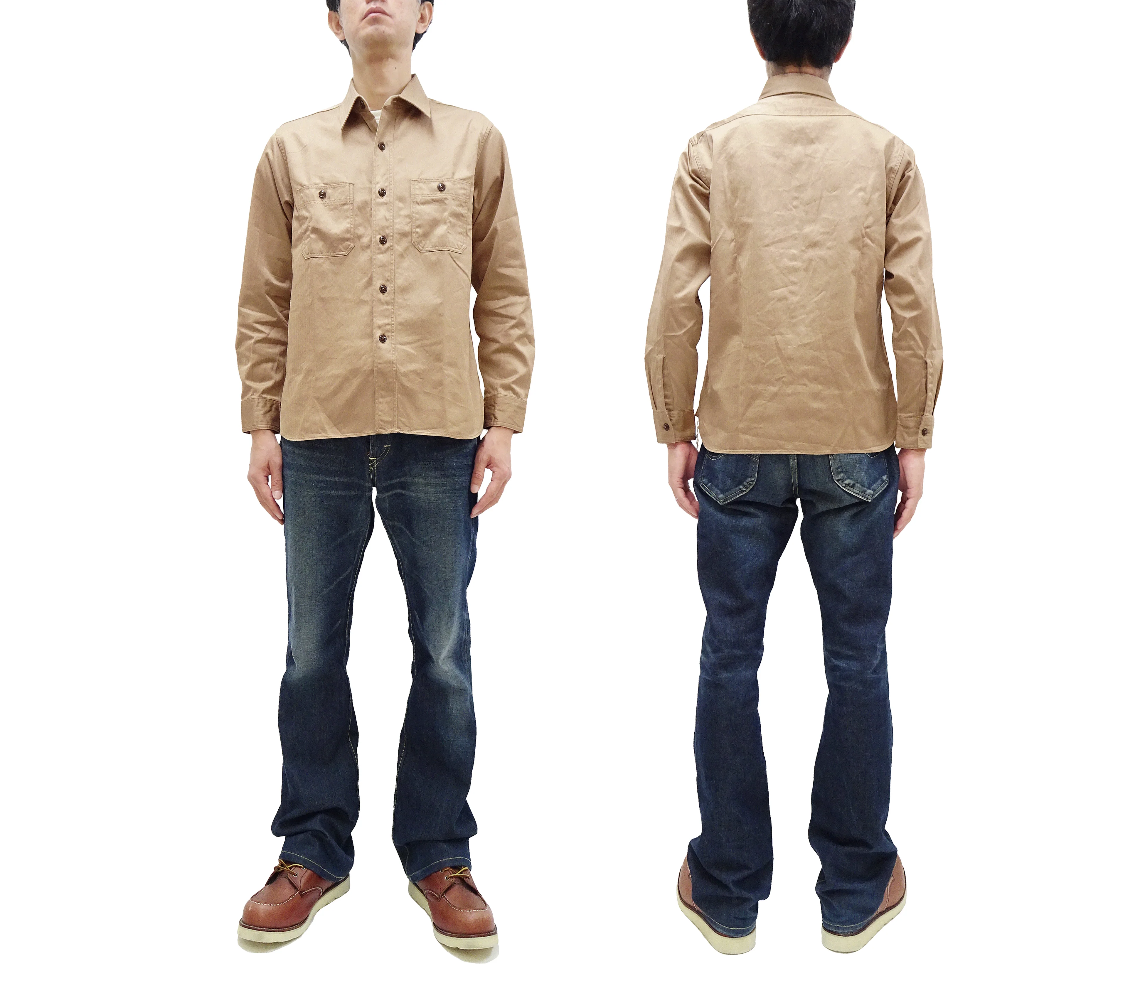 Buzz Rickson Herringbone Shirt Men's Casual Long Sleeve Plain HBT Button Up Work Shirt BR29390 133 Beige - Image 3