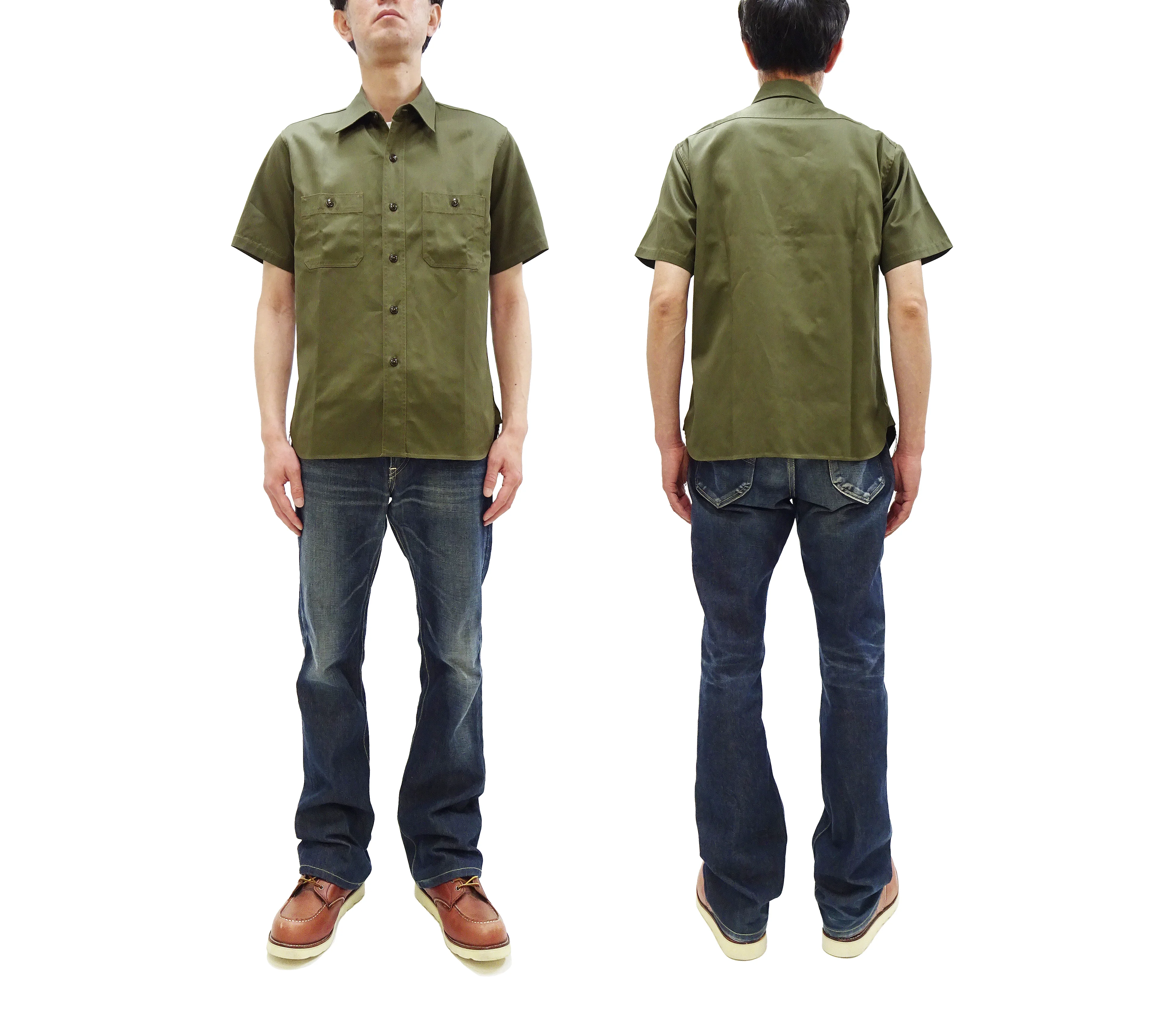 Buzz Rickson Herringbone Work Shirt - Men's Casual Military-Inspired Solid HBT Short-Sleeve Button-Up Shirt BR39530 149) Olive - Image 3