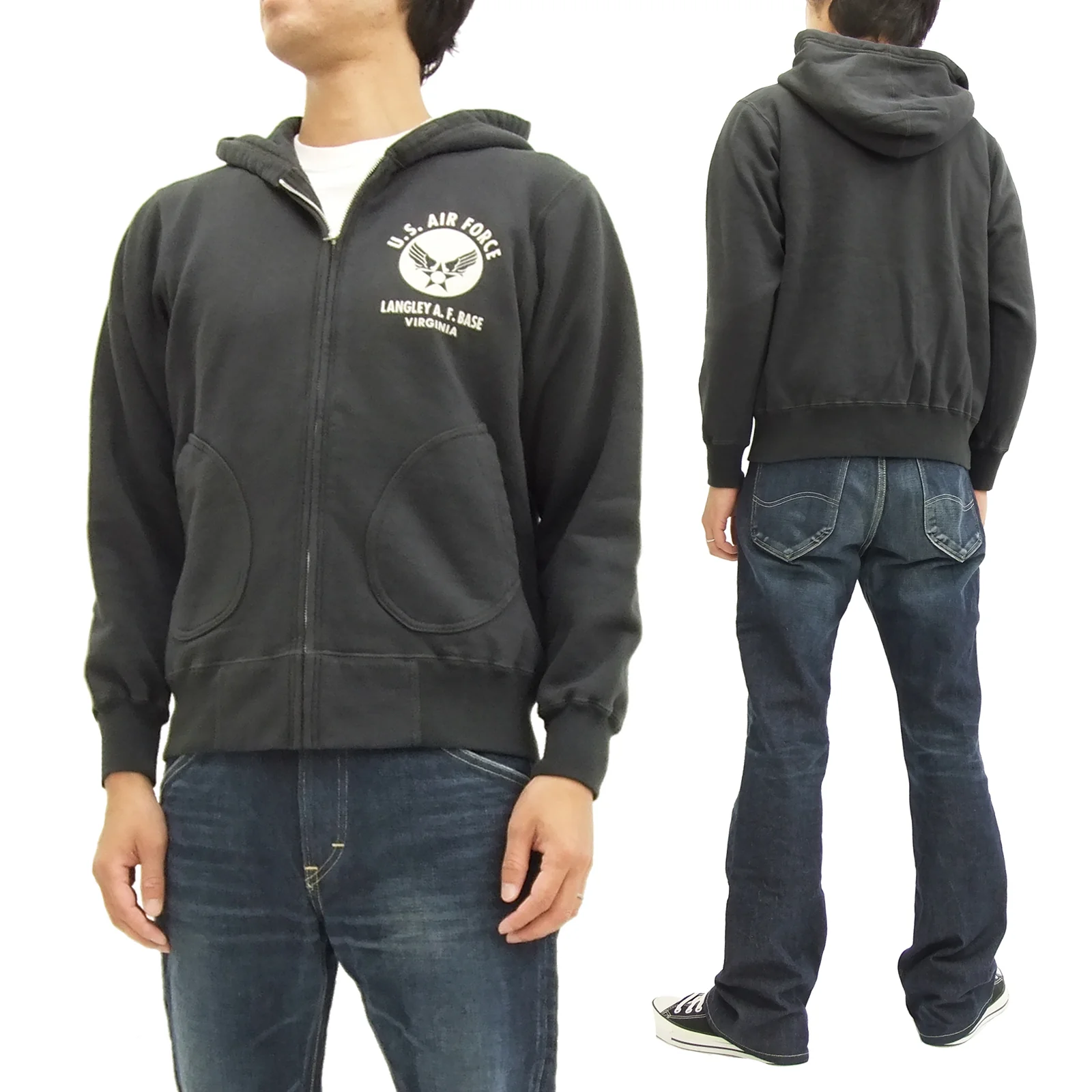 Buzz Rickson Hoodie Men's USAAF Insignia Hoodie Zip Front Hooded Sweatshirt BR65599 Faded-Black - Image 14