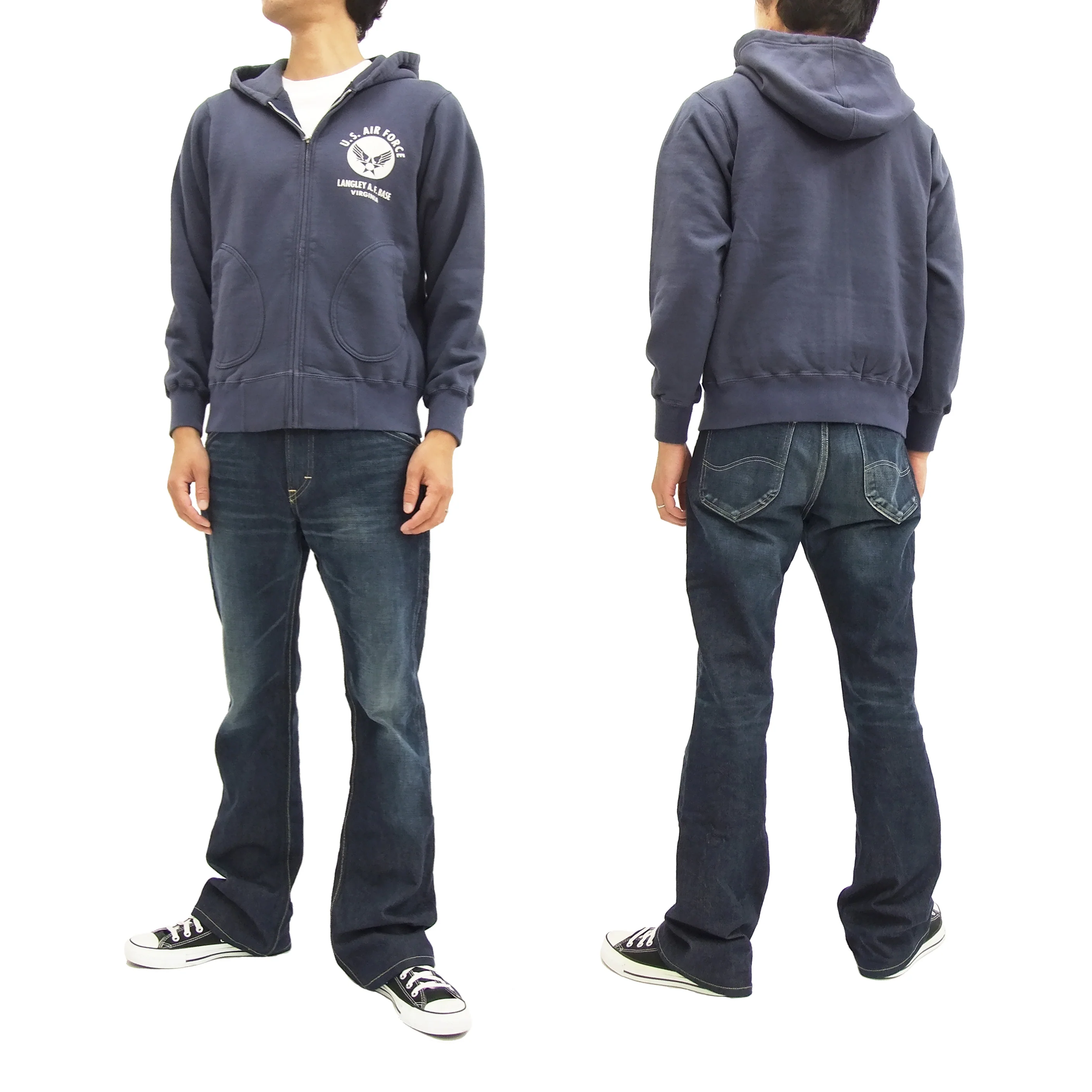 Buzz Rickson Hoodie Men's USAAF Insignia Hoodie Zip Front Hooded Sweatshirt BR65599 Faded-Navy-Blue - Image 3