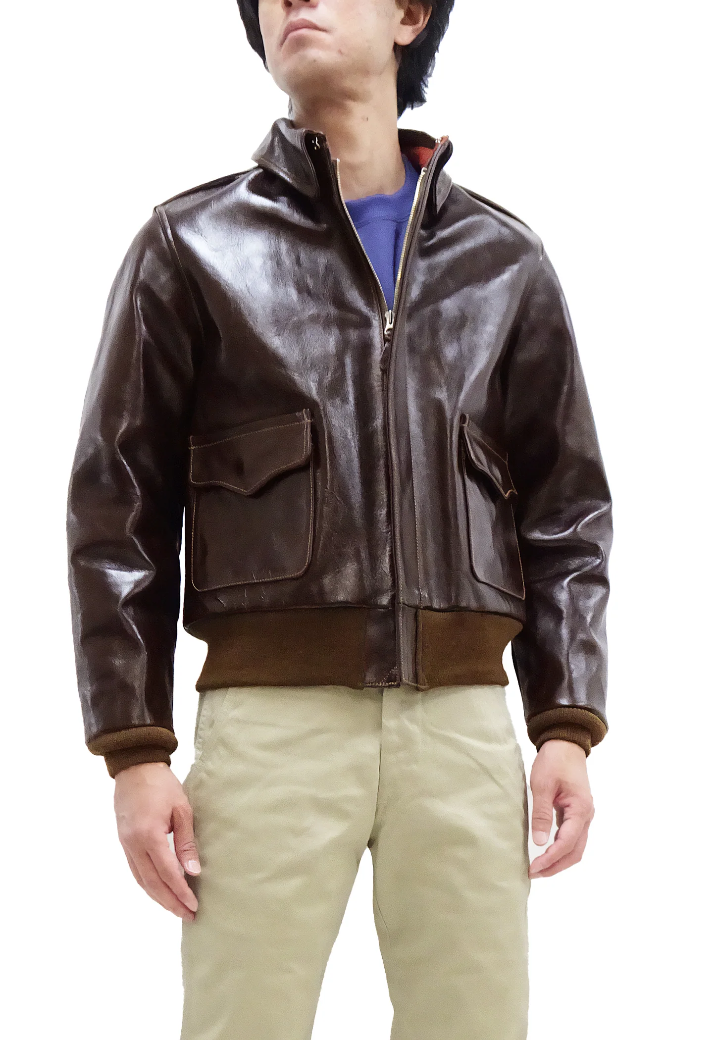 Buzz Rickson Jacket Men's A-2 Flight Jacket Plain A2 Aniline Leather Bomber Jacket BR80593 Seal Brown - Image 5