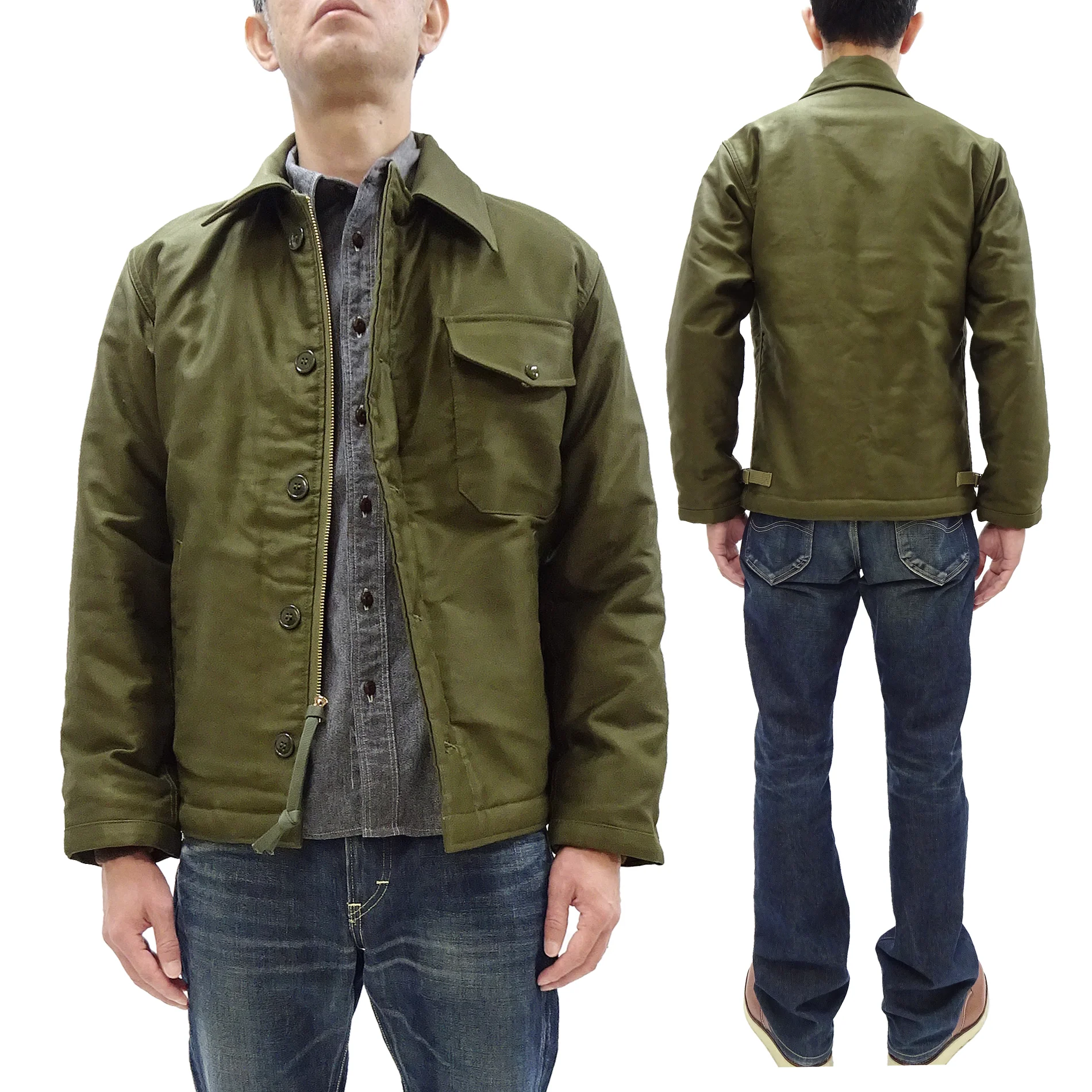Buzz Rickson Jacket Men's Reproduction of the U.S. Navy A-2 Deck Jacket in Jungle Cloth Outer Shell Version BR15155 Olive-Drab - Image 4