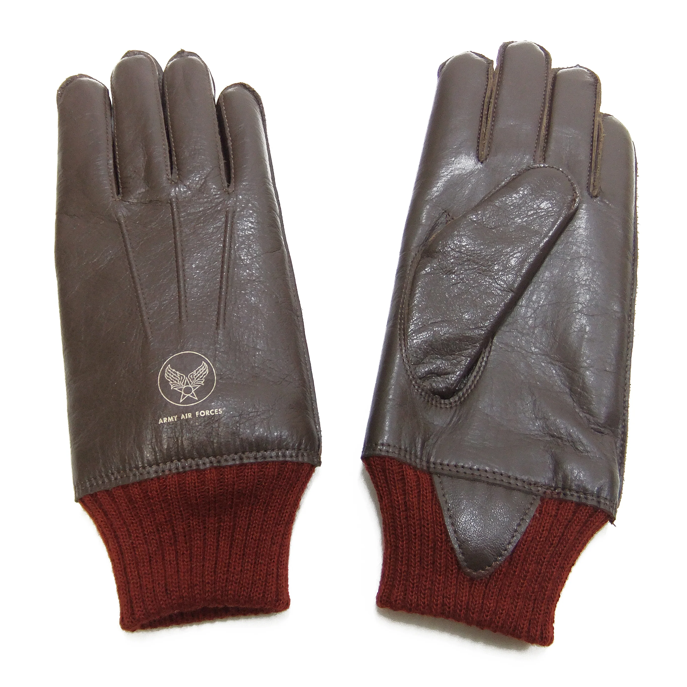 Buzz Rickson Men's Type A-10 Leather Gloves - U.S. Army Air Forces Reproduction - Made in Japan - (BR02835 01 Brown Leather with Red Ribbed Knit Wrist Cuffs)