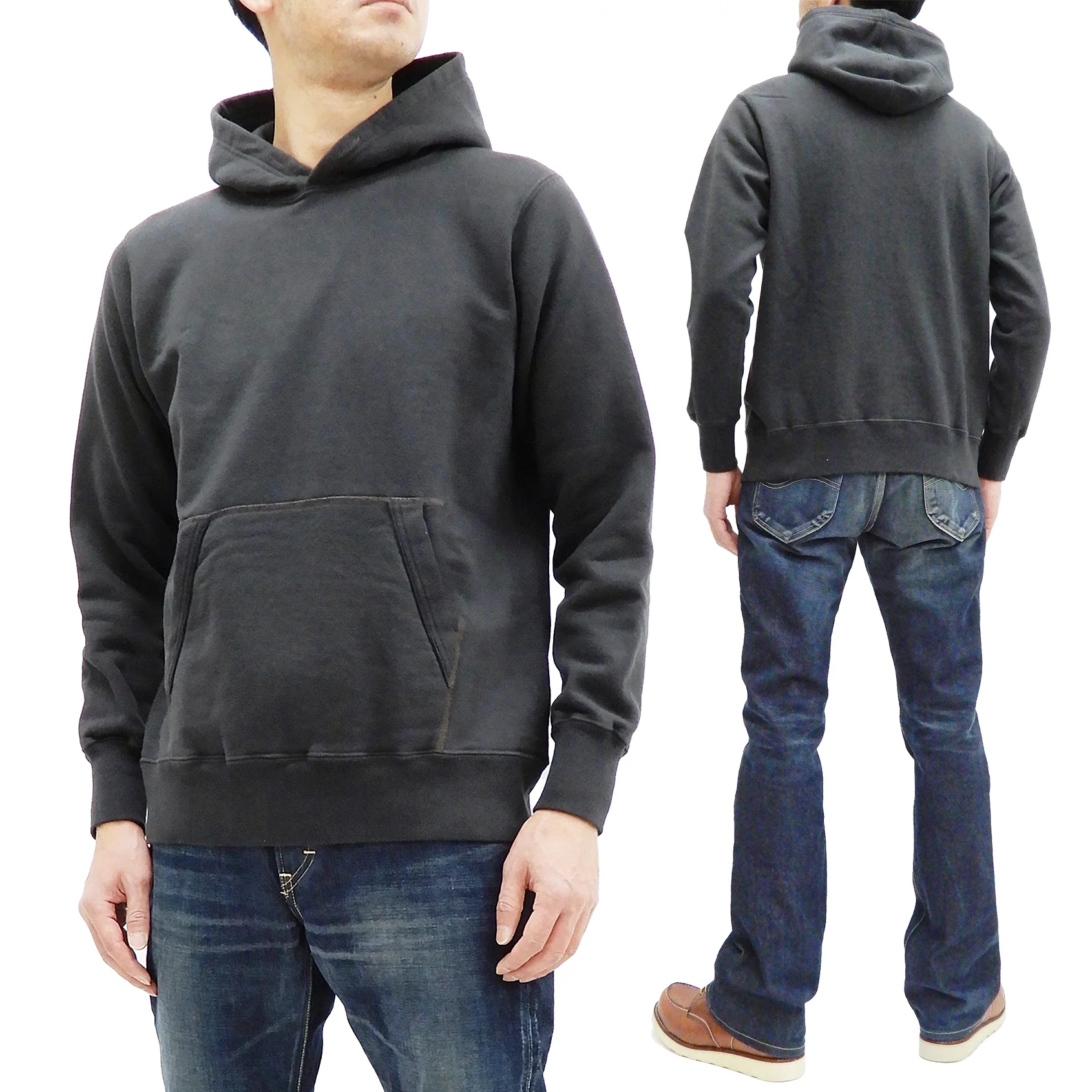 Buzz Rickson Plain Pullover Hoodie Men's Loop-wheeled Vintage Style Hooded Sweatshirt BR68914 119-Faded-Black - Image 4