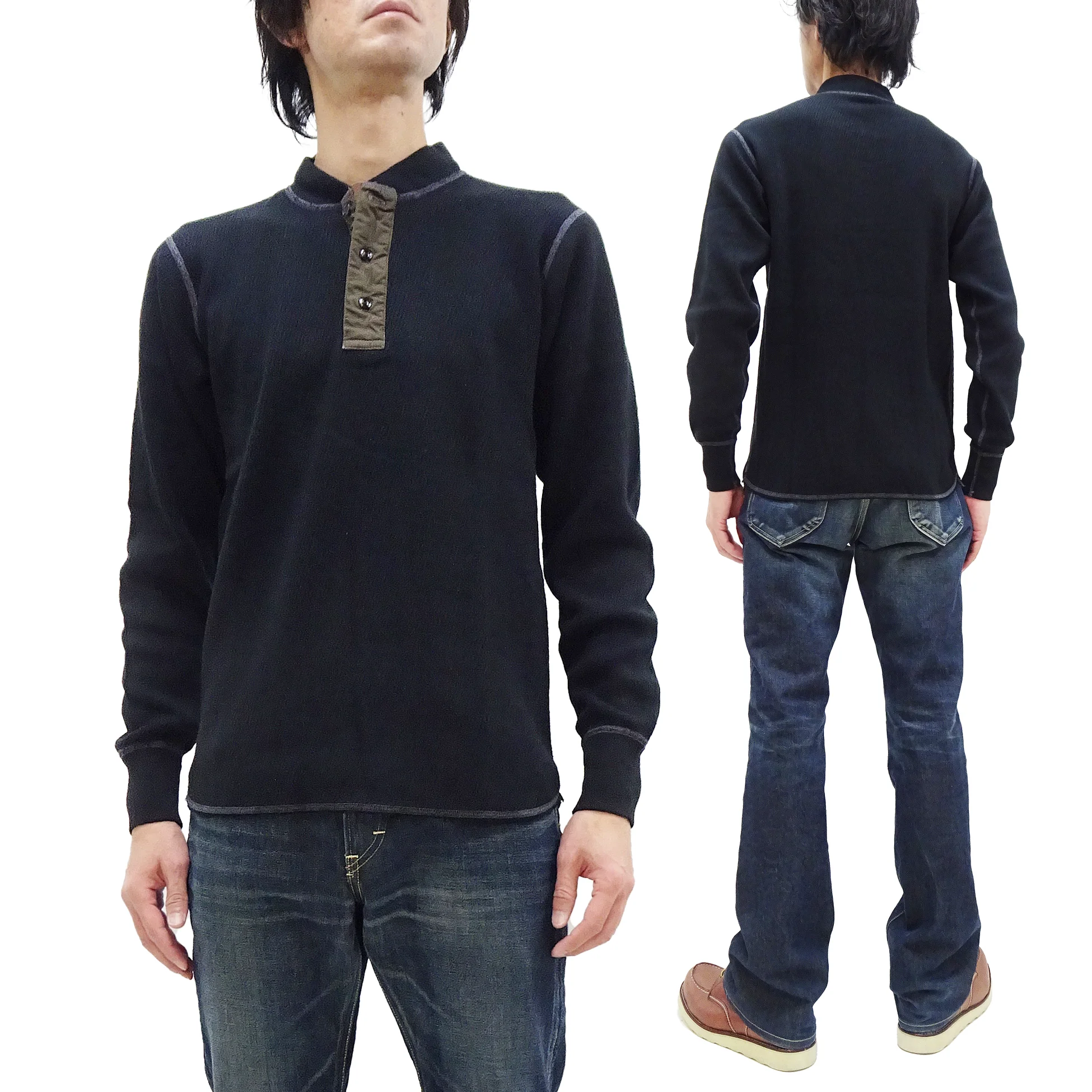 Buzz Rickson Waffle-Knit Thermal Henley T-Shirt Men's Long Sleeve Plain 3-Button Placket Heavyweight Thermal Tee BR68130 119 Black - Image 5