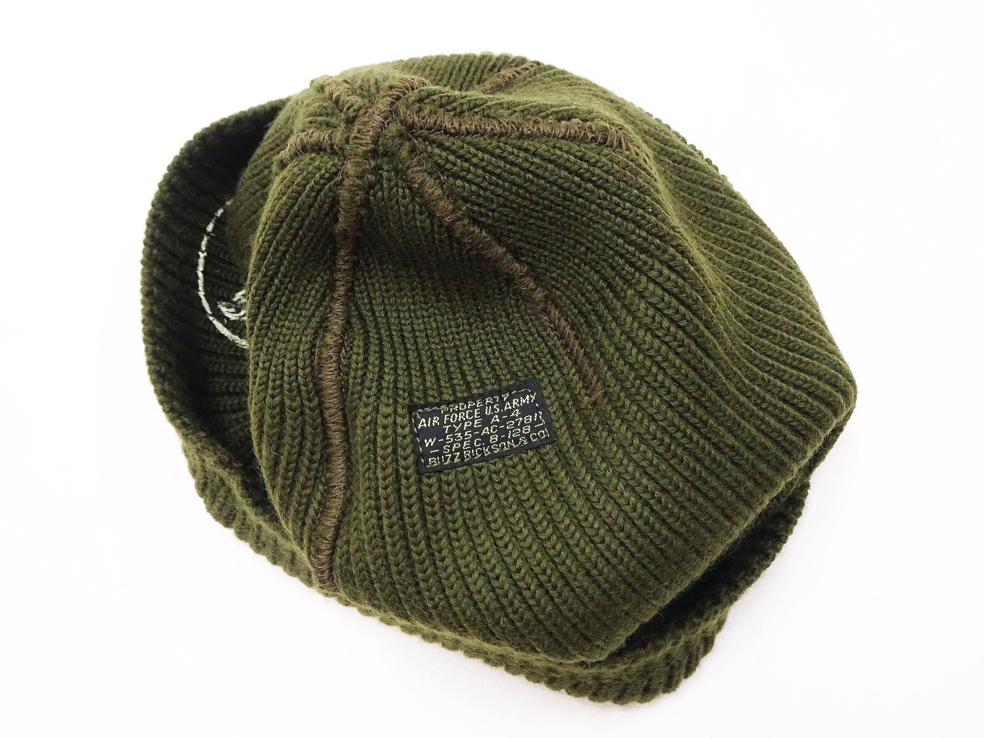 Buzz Rickson Watch Cap Men's Wool Winter Knit Hat USAAF A-4 Mechanics Cap with Stencil BR02756 Olive - Image 7