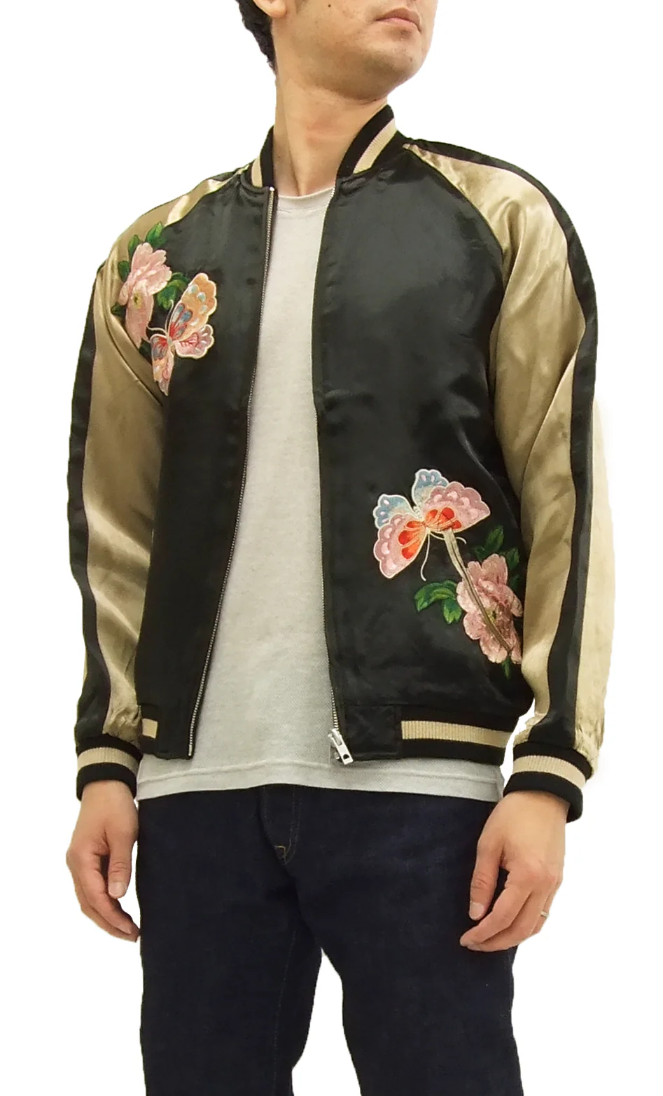 Hanatabi Gakudan Men's Japanese Souvenir Jacket Japanese Butterfly Sukajan Script SSJ-021 - Image 5