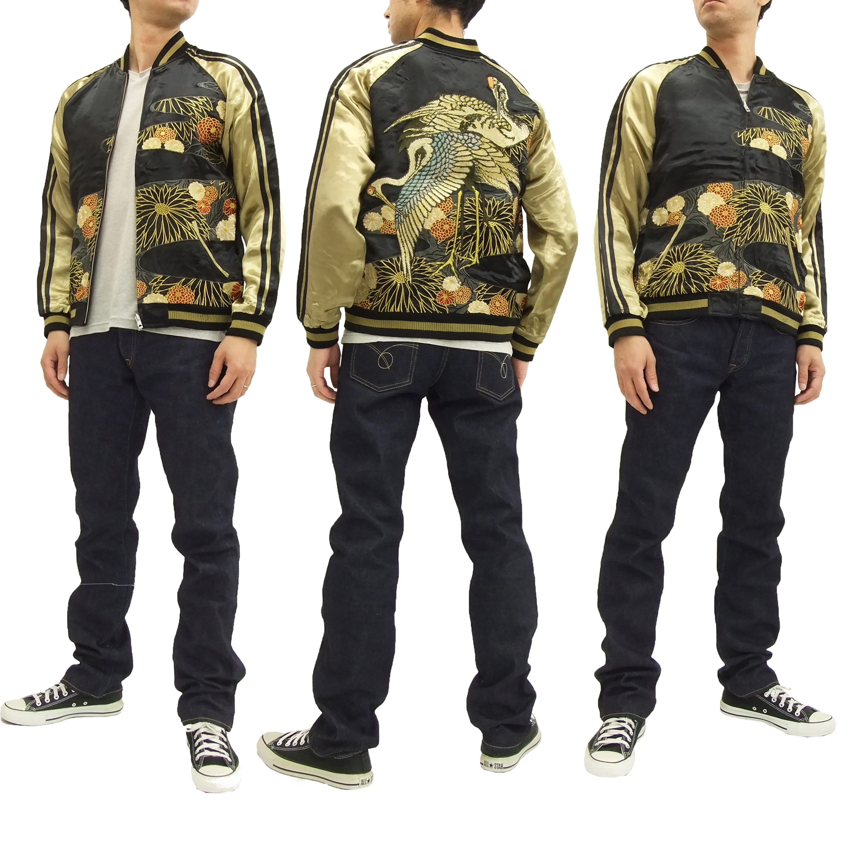 Hanatabi Gakudan Men's Japanese Souvenir Jacket Japanese crane Sukajan Script SSJ-020 - Image 2