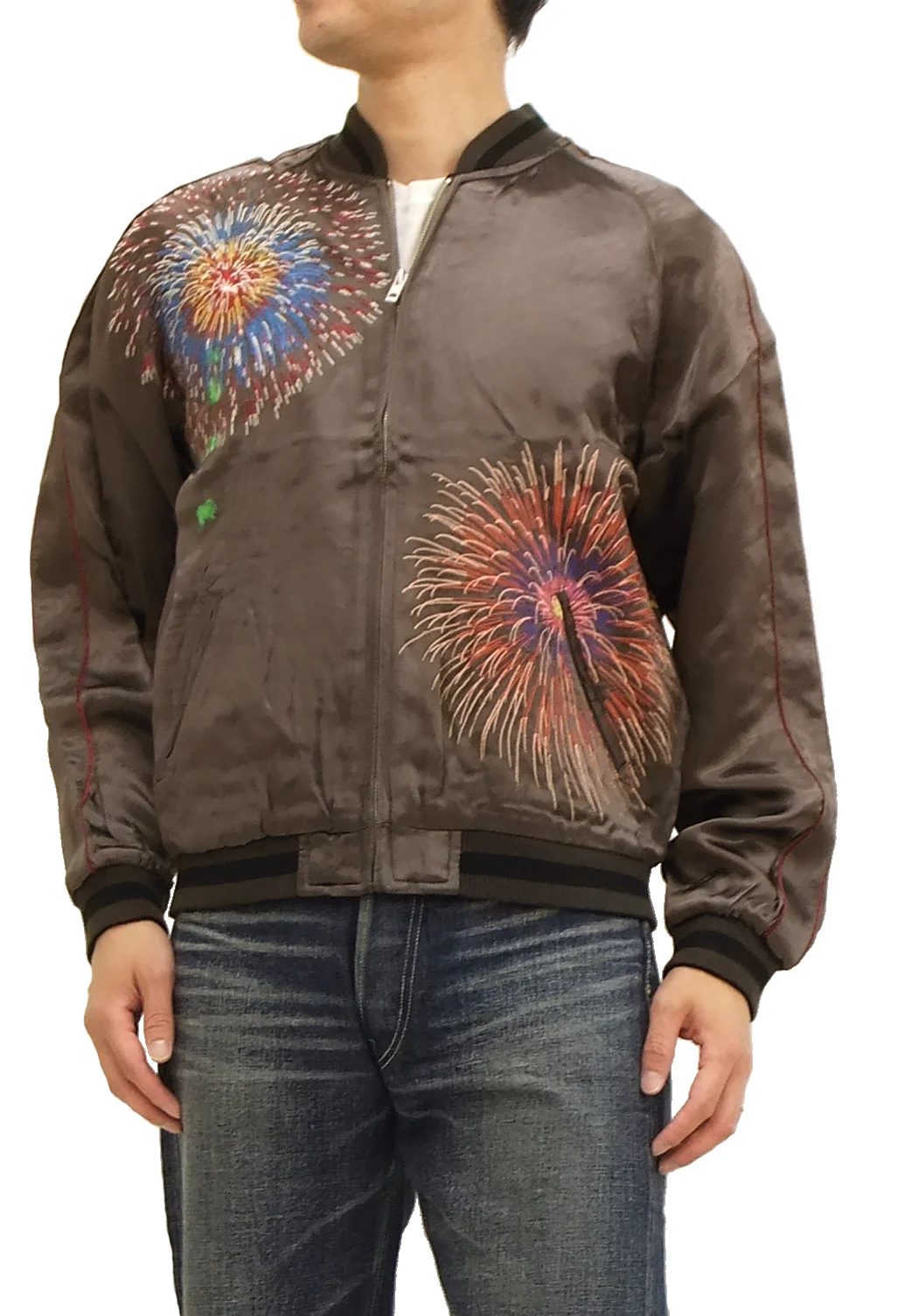 Hanatabi Gakudan Men's Japanese Souvenir Jacket Japanese Fireworks Sukajan Script SKJ-142 - Image 3