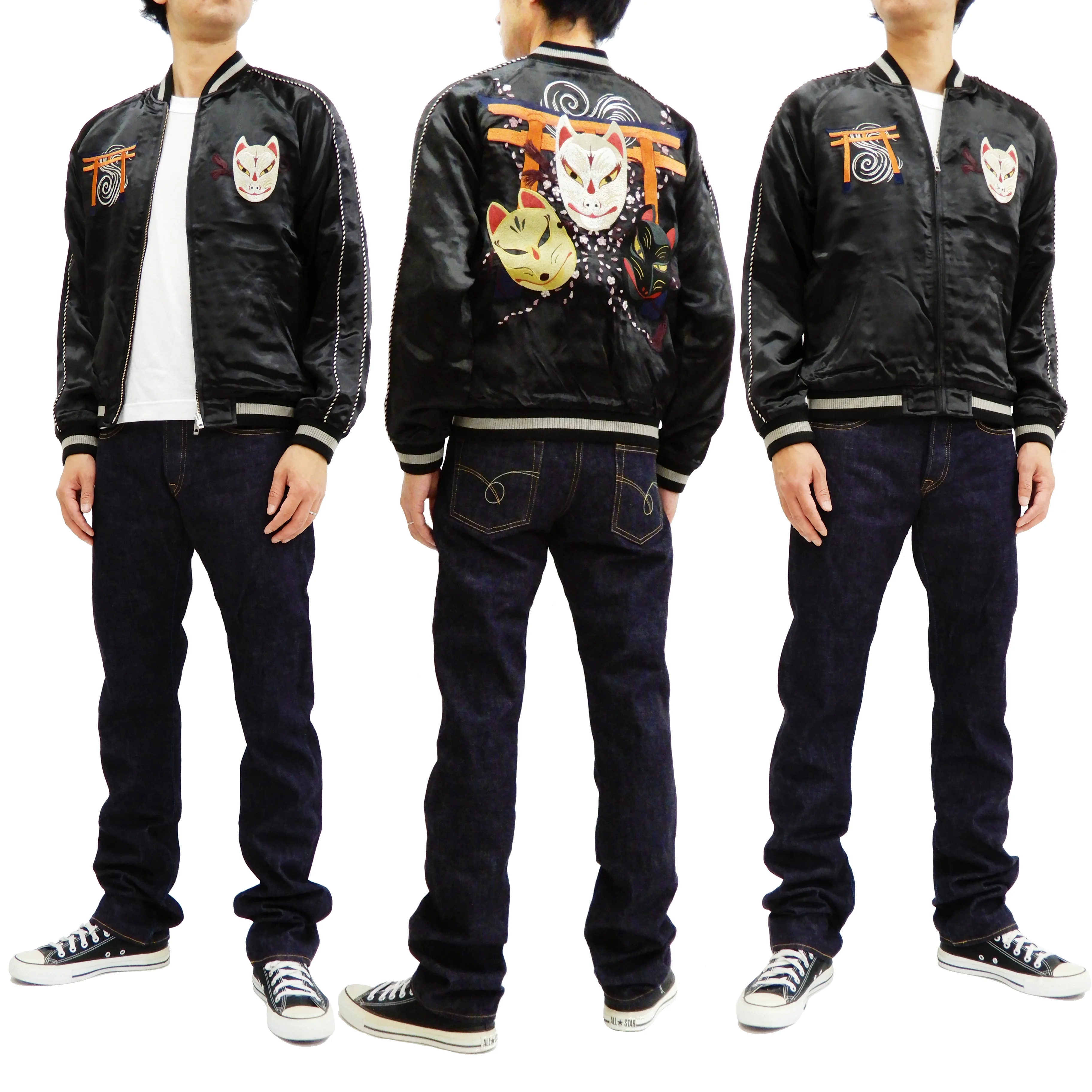 Hanatabi Gakudan Men's Japanese Souvenir Jacket Japanese Fox Mask Sukajan Script SSJ-520 - Image 2