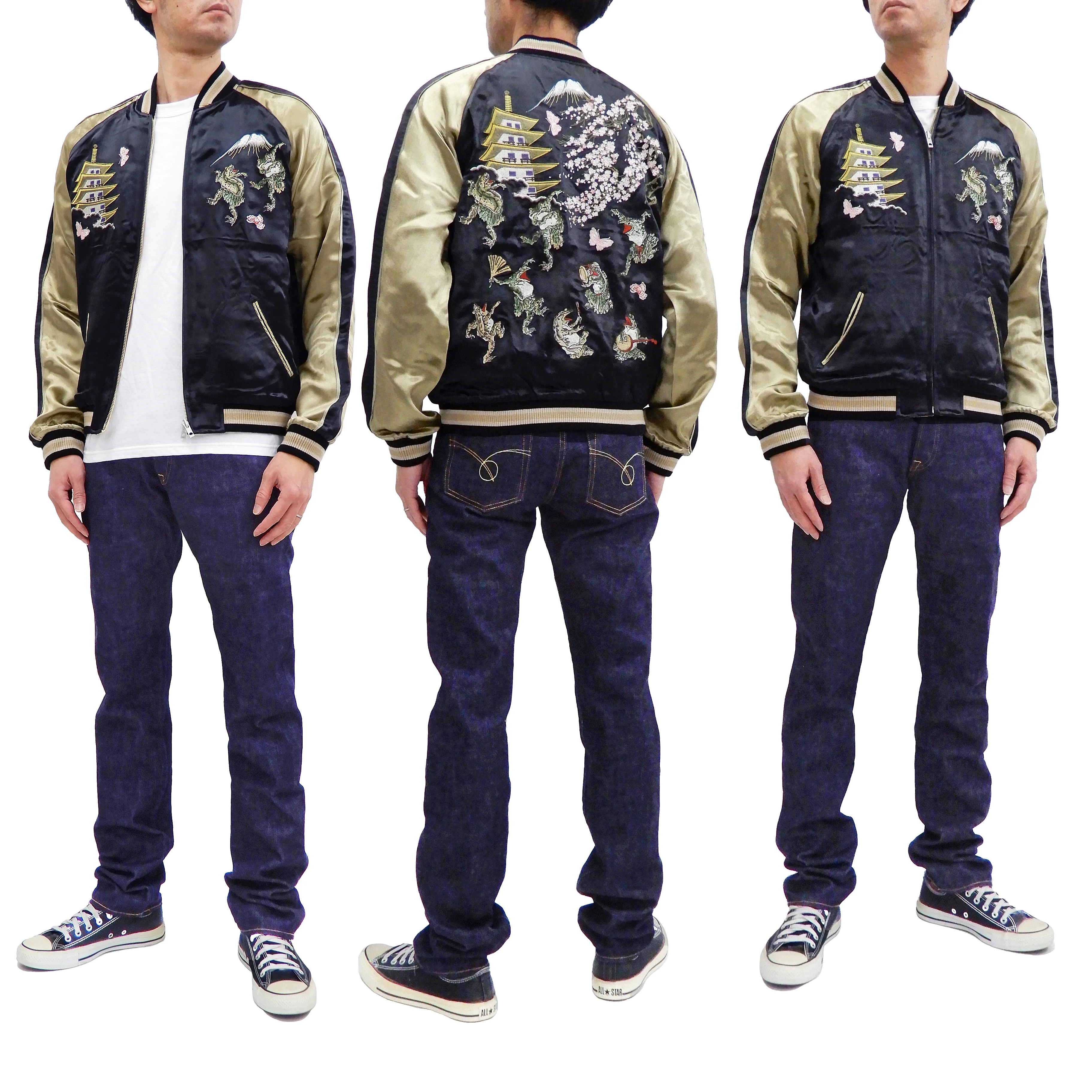 Hanatabi Gakudan Men's Japanese Souvenir Jacket Japanese Frog Art Sukajan Script SSJ-523 - Image 2