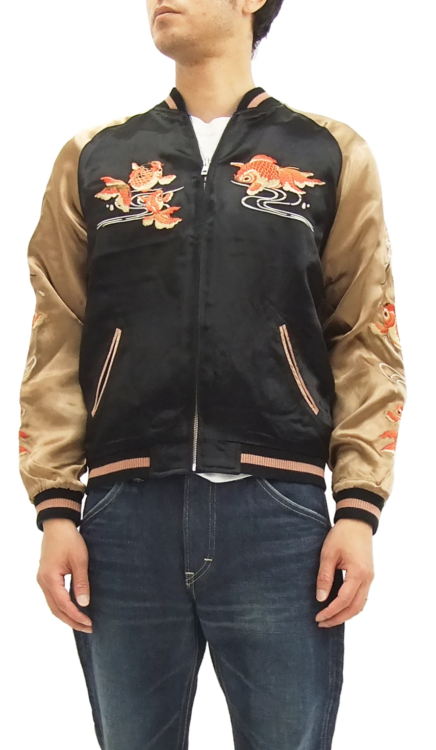 Hanatabi Gakudan Men's Japanese Souvenir Jacket Japanese Goldfish Sukajan Script SSJ-501 - Image 6
