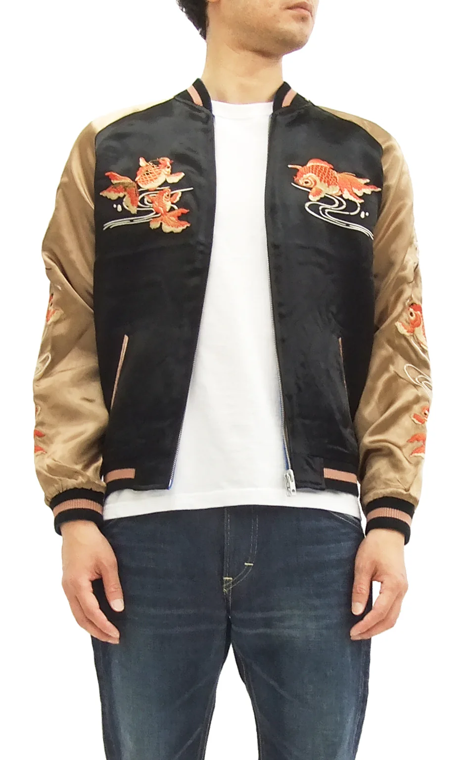Hanatabi Gakudan Men's Japanese Souvenir Jacket Japanese Goldfish Sukajan Script SSJ-501 - Image 7