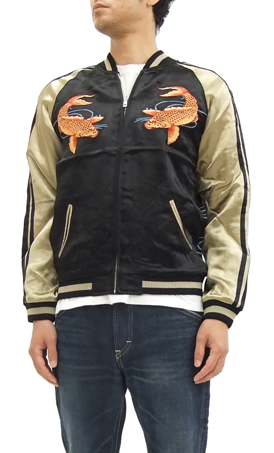 Hanatabi Gakudan Men's Japanese Souvenir Jacket Japanese Koi Fish Carp Sukajan Script SSJ-503 - Image 5