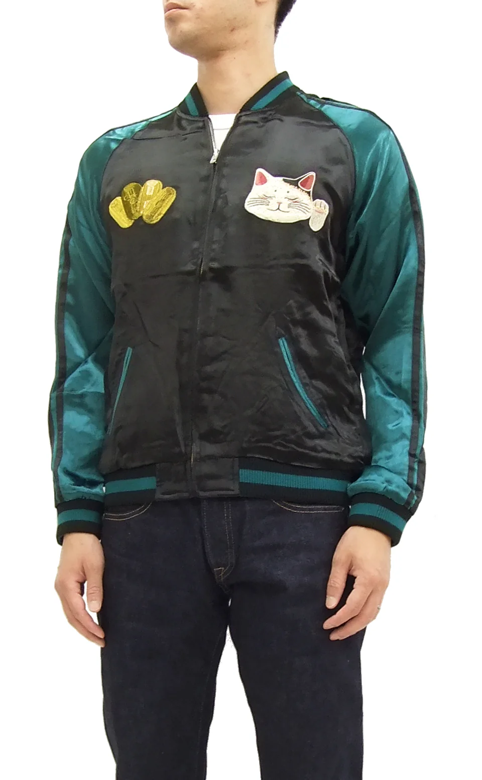 Hanatabi Gakudan Men's Japanese Souvenir Jacket Japanese lucky cat Sukajan Script SSJ-514 - Image 4