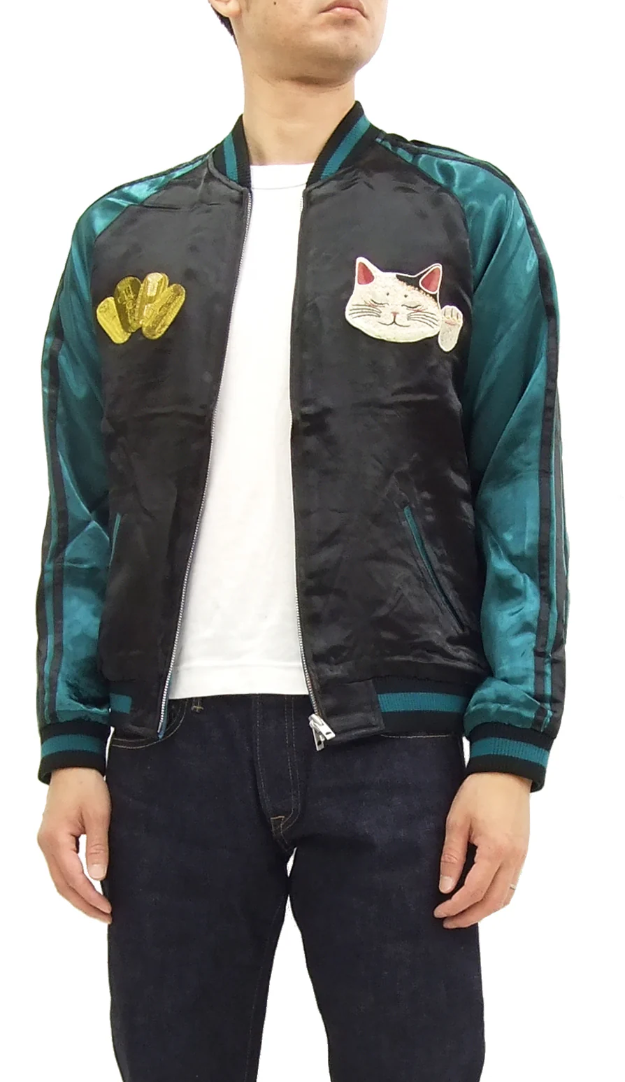 Hanatabi Gakudan Men's Japanese Souvenir Jacket Japanese lucky cat Sukajan Script SSJ-514 - Image 5