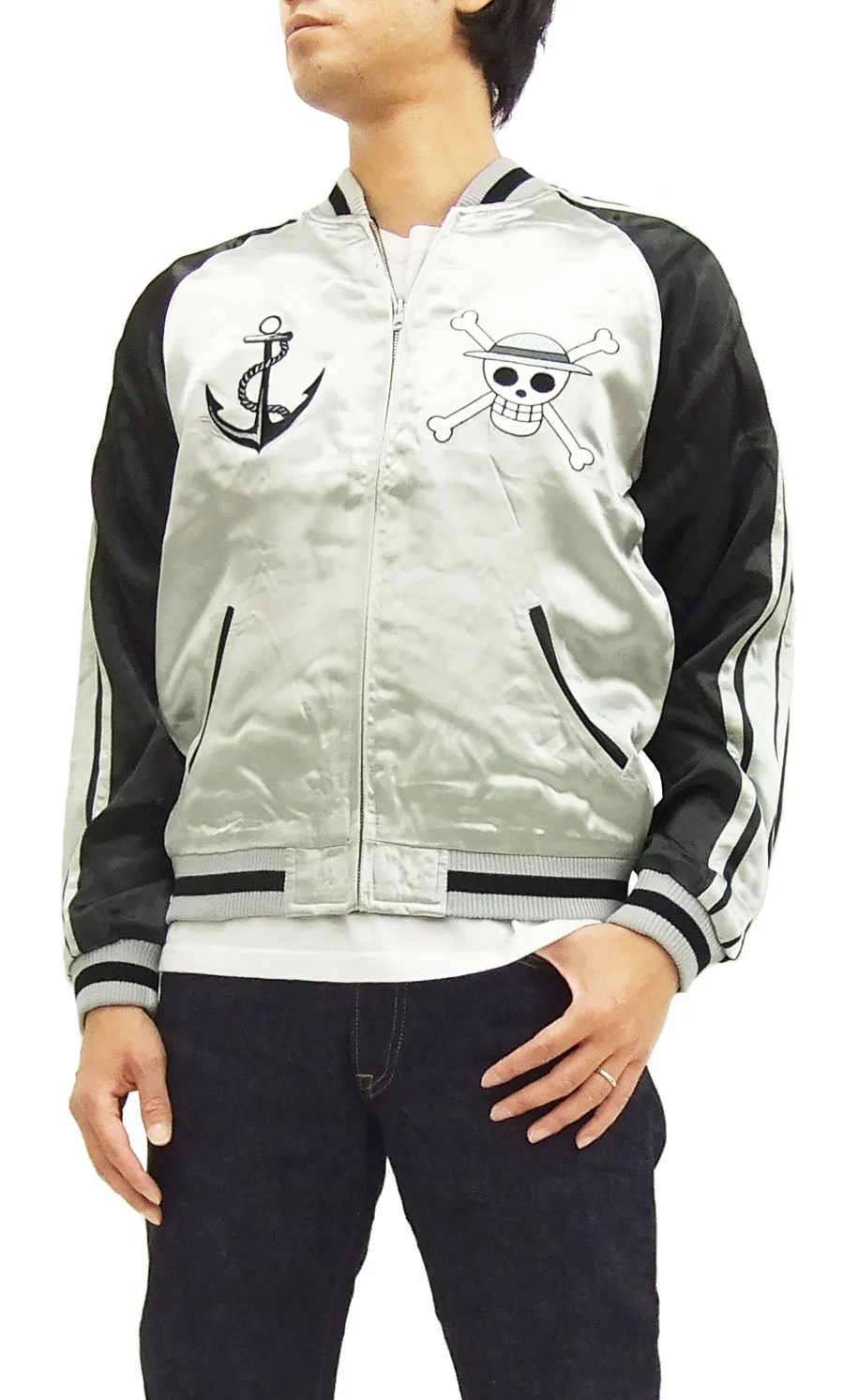 Hanatabi Gakudan Men's Japanese Souvenir Jacket Japanese ONE PIECE Sukajan Script OPSJ-001 Silver - Image 4