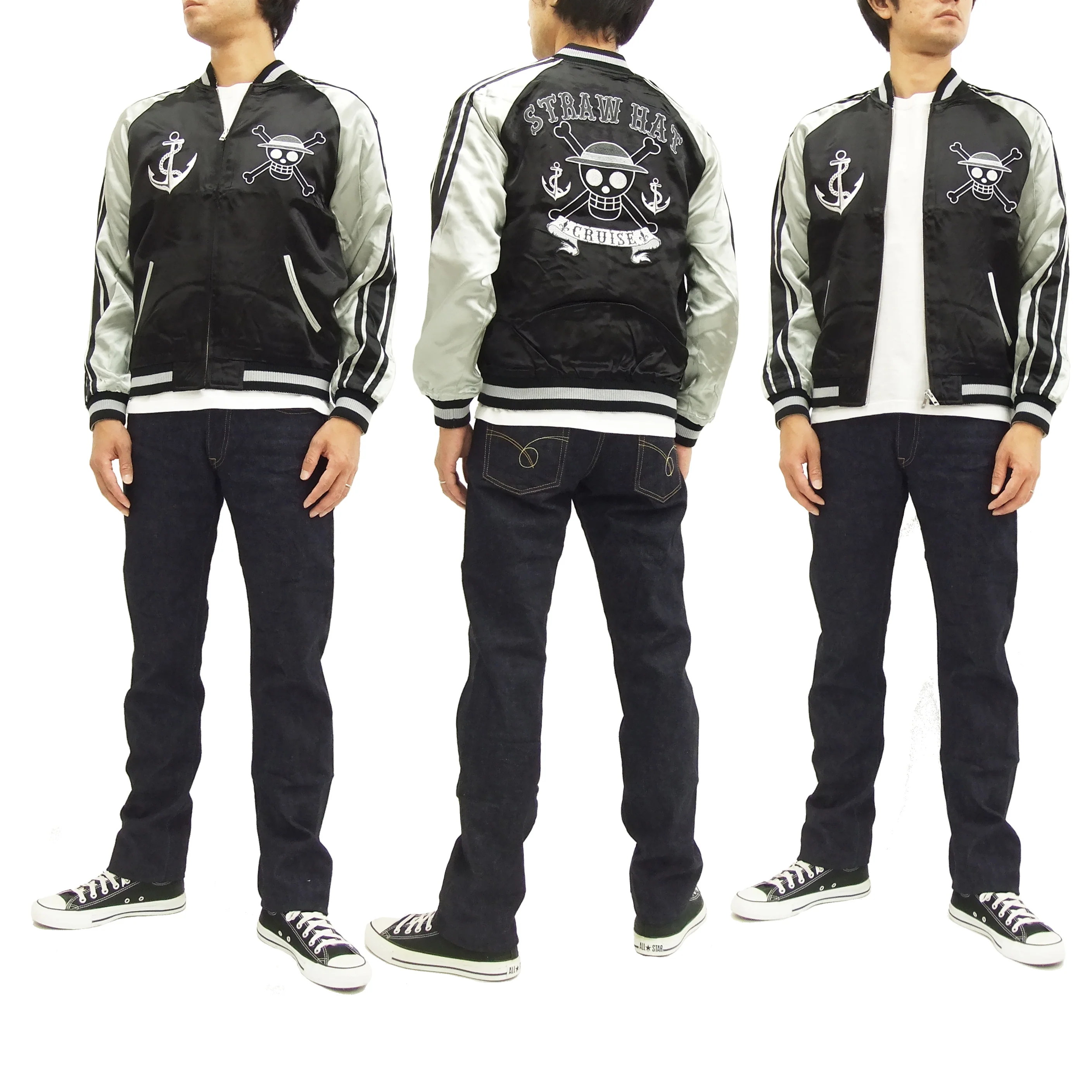 Hanatabi Gakudan Men's Japanese Souvenir Jacket Japanese ONE PIECE Sukajan Script OPSJ-001 Black - Image 2