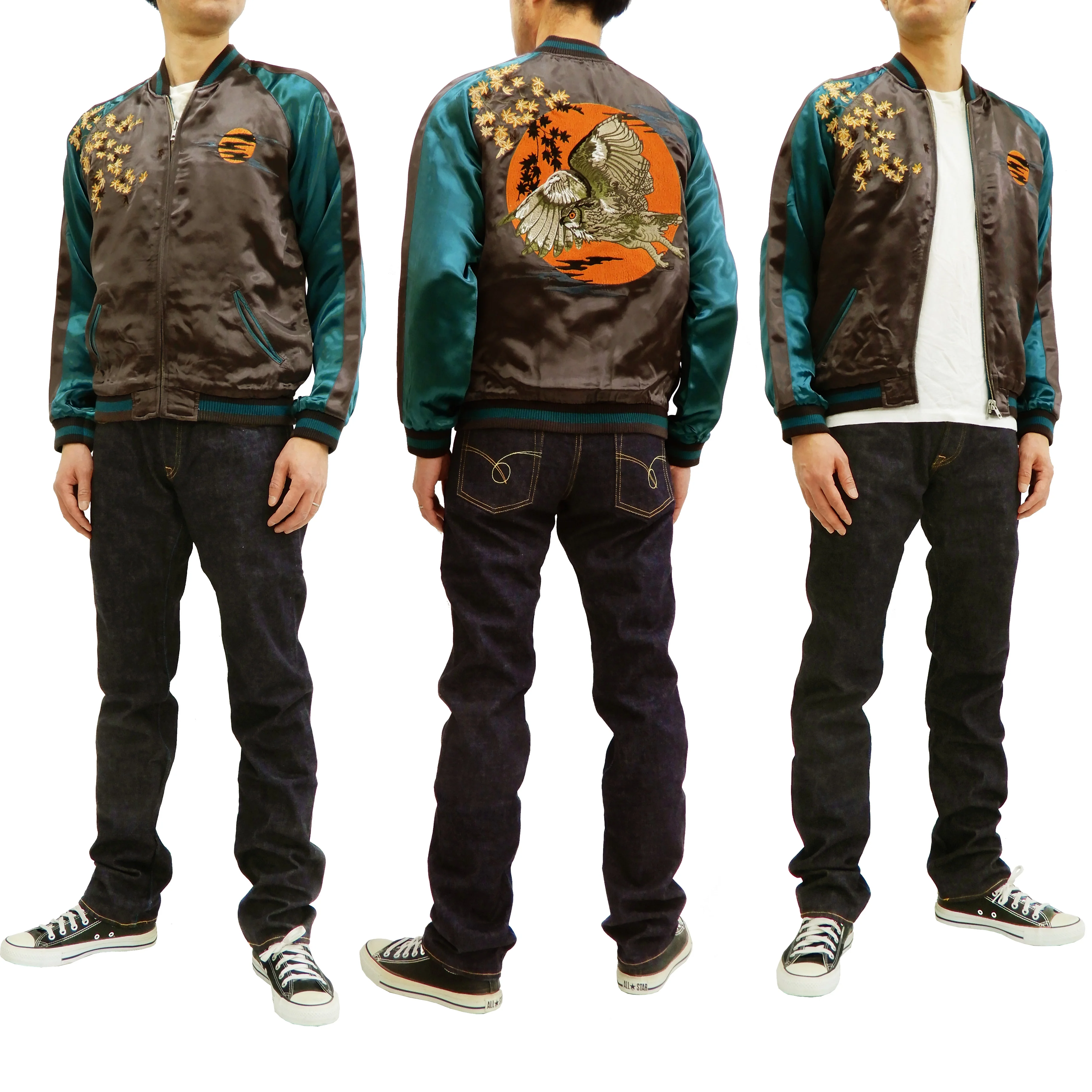 Hanatabi Gakudan Men's Japanese Souvenir Jacket Japanese Owl Art Sukajan Script SSJ-030 - Image 2