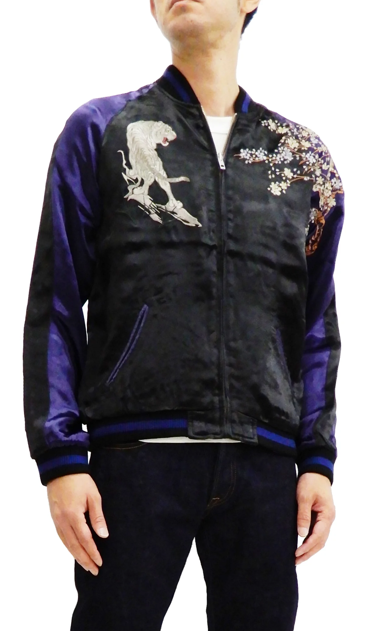 Hanatabi Gakudan Men's Japanese Souvenir Jacket Japanese white tiger Sukajan Script SSJ-033 - Image 4