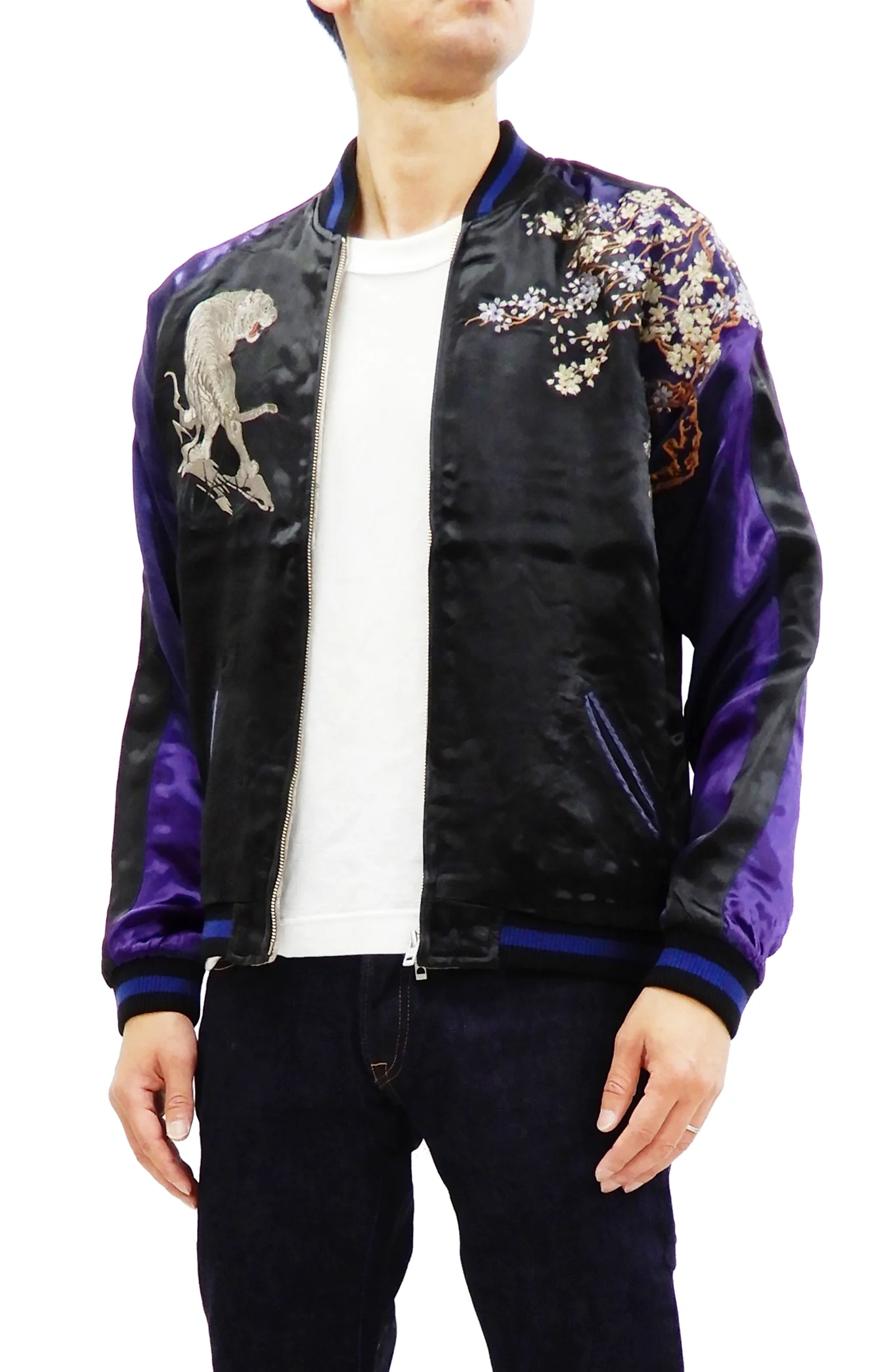 Hanatabi Gakudan Men's Japanese Souvenir Jacket Japanese white tiger Sukajan Script SSJ-033 - Image 5