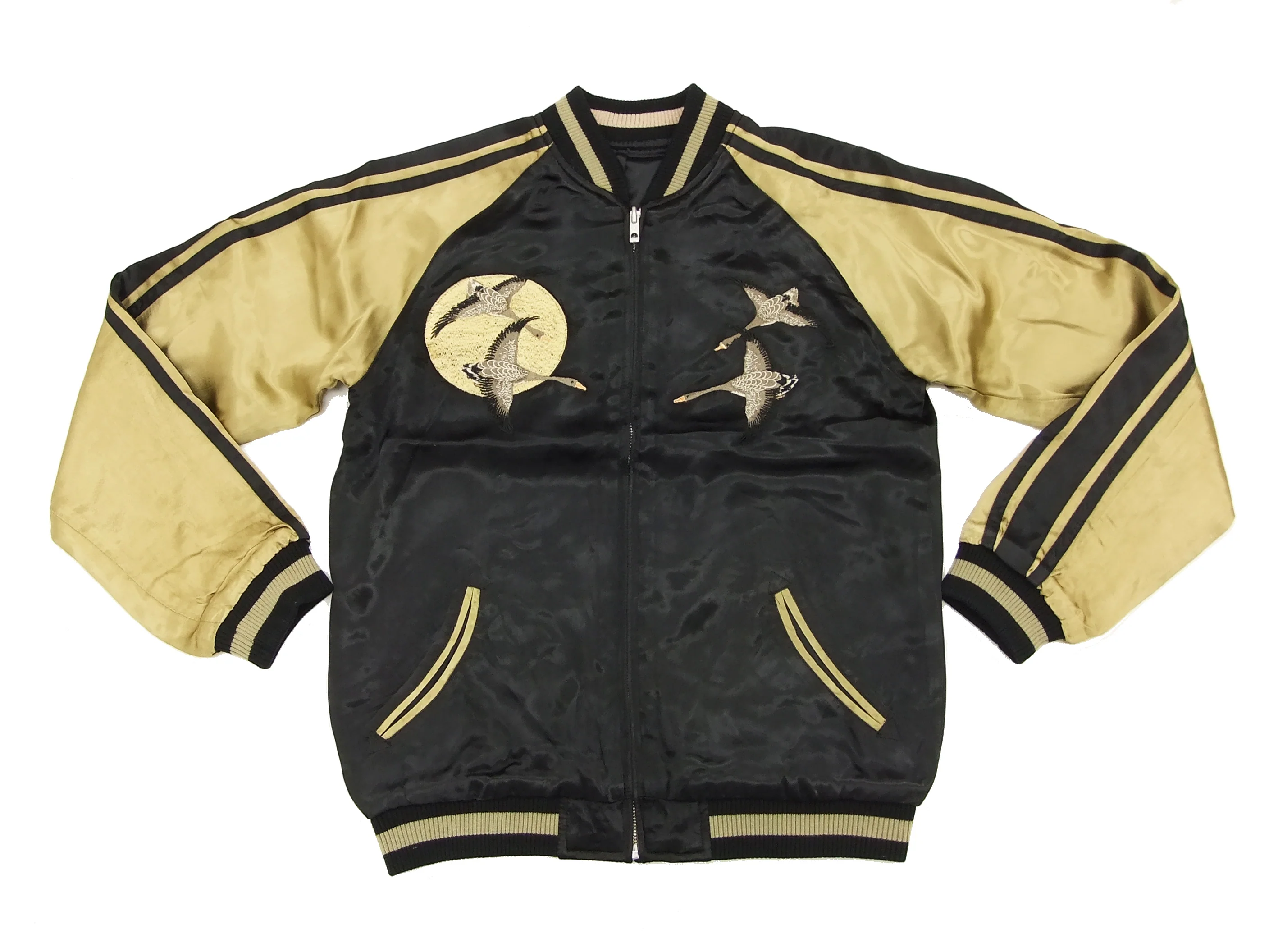 Hanatabi Gakudan Men's Japanese Souvenir Jacket Japanese Wild Geese and Full Moon Sukajan Script SSJ-506 - Image 10
