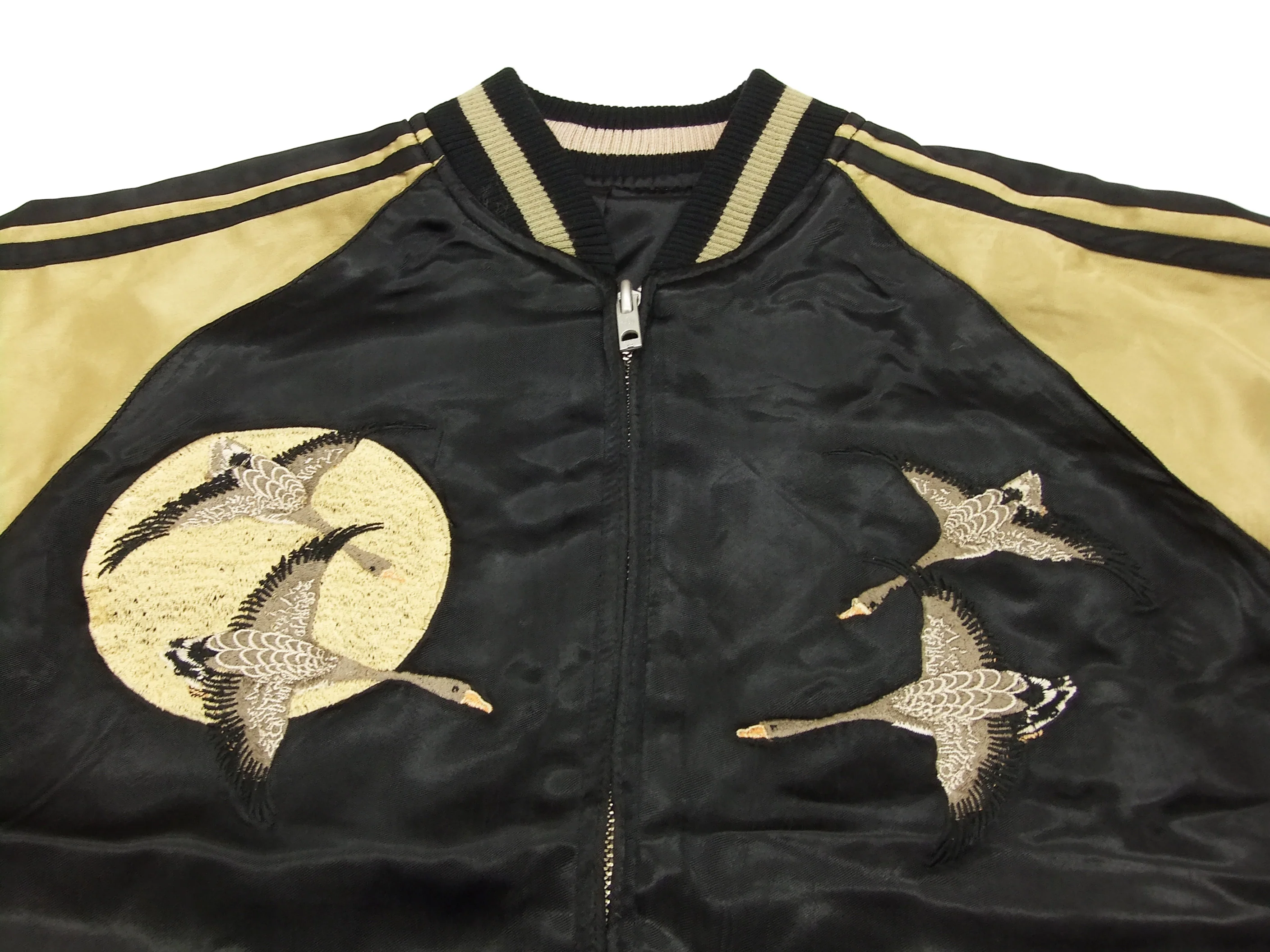 Hanatabi Gakudan Men's Japanese Souvenir Jacket Japanese Wild Geese and Full Moon Sukajan Script SSJ-506 - Image 11