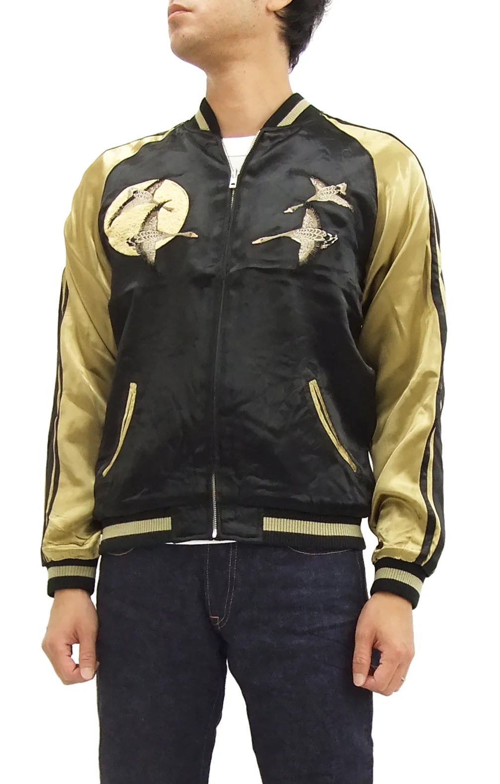 Hanatabi Gakudan Men's Japanese Souvenir Jacket Japanese Wild Geese and Full Moon Sukajan Script SSJ-506 - Image 4