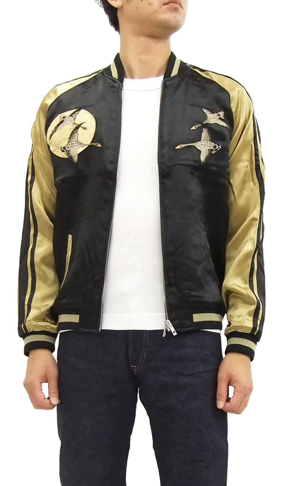 Hanatabi Gakudan Men's Japanese Souvenir Jacket Japanese Wild Geese and Full Moon Sukajan Script SSJ-506 - Image 5
