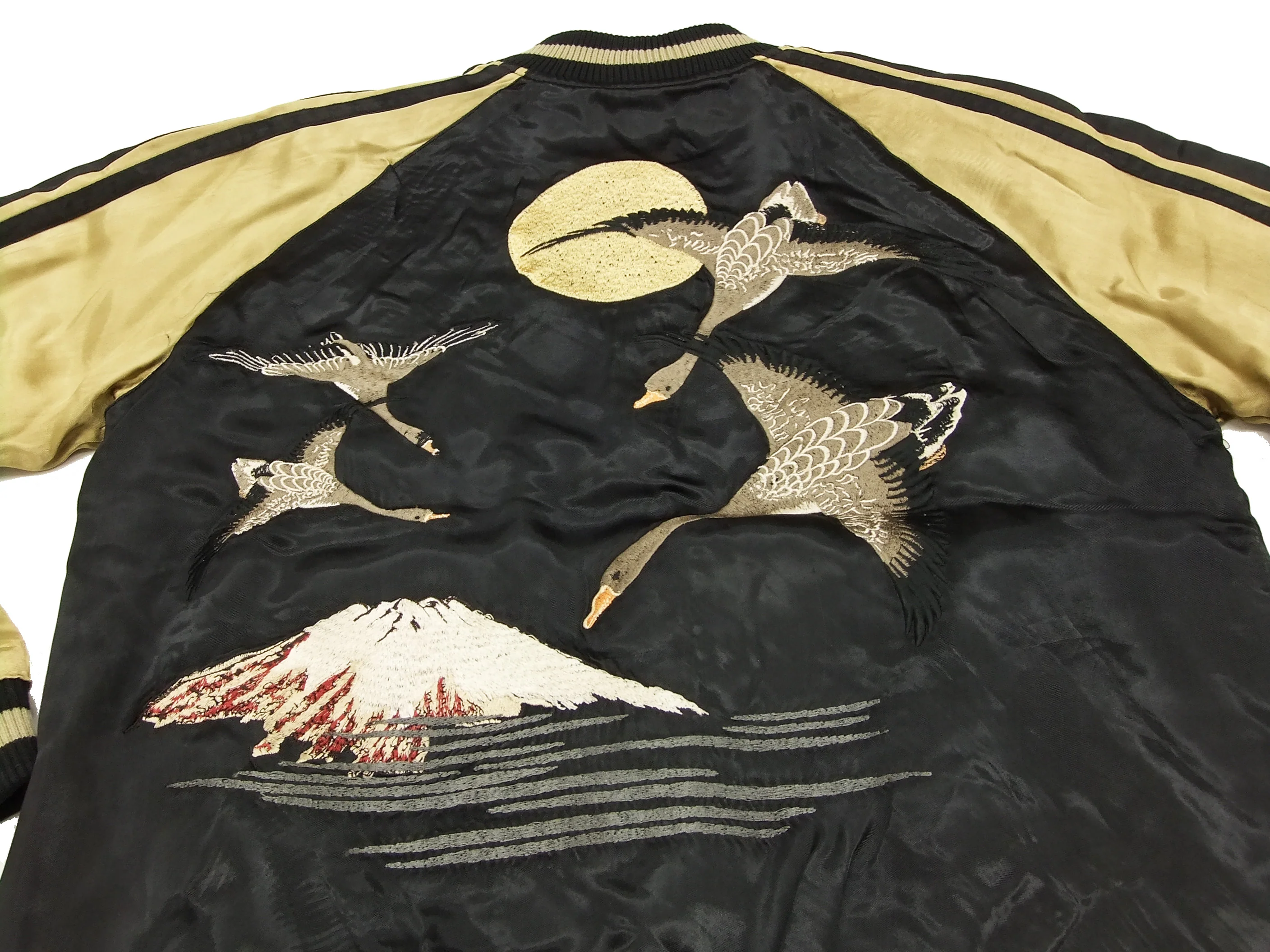 Hanatabi Gakudan Men's Japanese Souvenir Jacket Japanese Wild Geese and Full Moon Sukajan Script SSJ-506 - Image 9