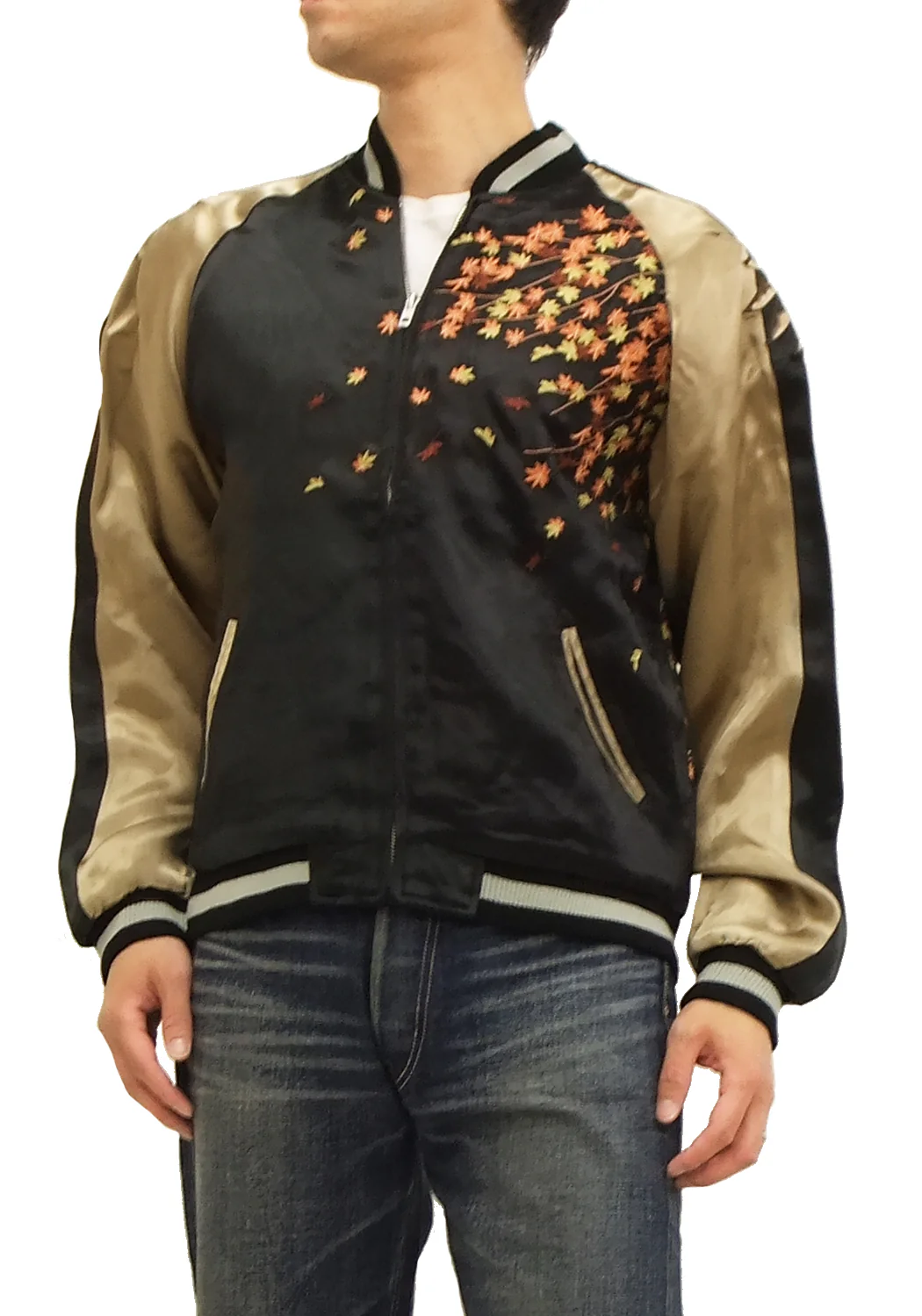 Hanatabi Gakudan Men's Japanese Souvenir Jacket Owl and Autumn Leaves Sukajan Script SKJ-179 - Image 3