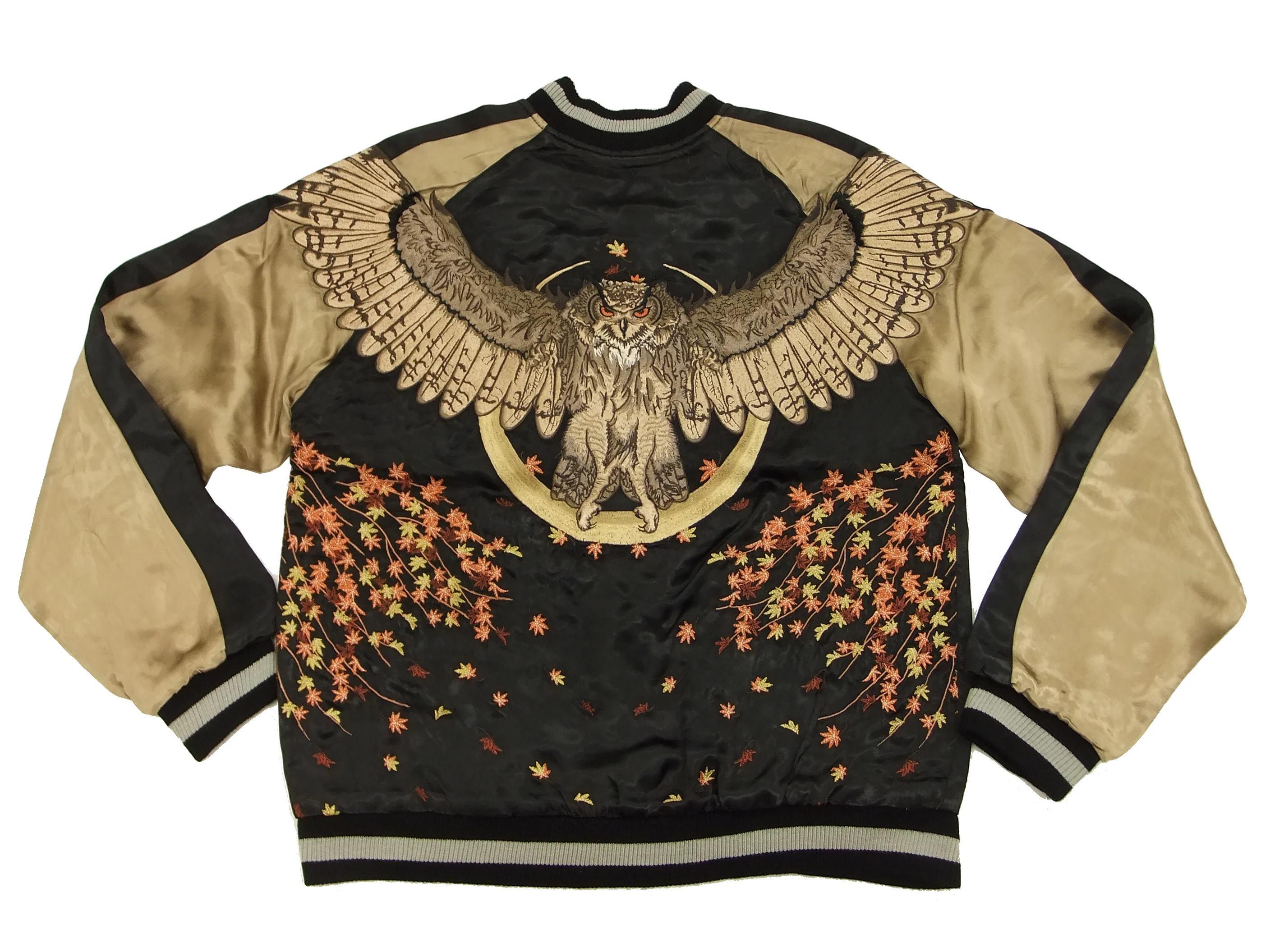 Hanatabi Gakudan Men's Japanese Souvenir Jacket Owl and Autumn Leaves Sukajan Script SKJ-179 - Image 5