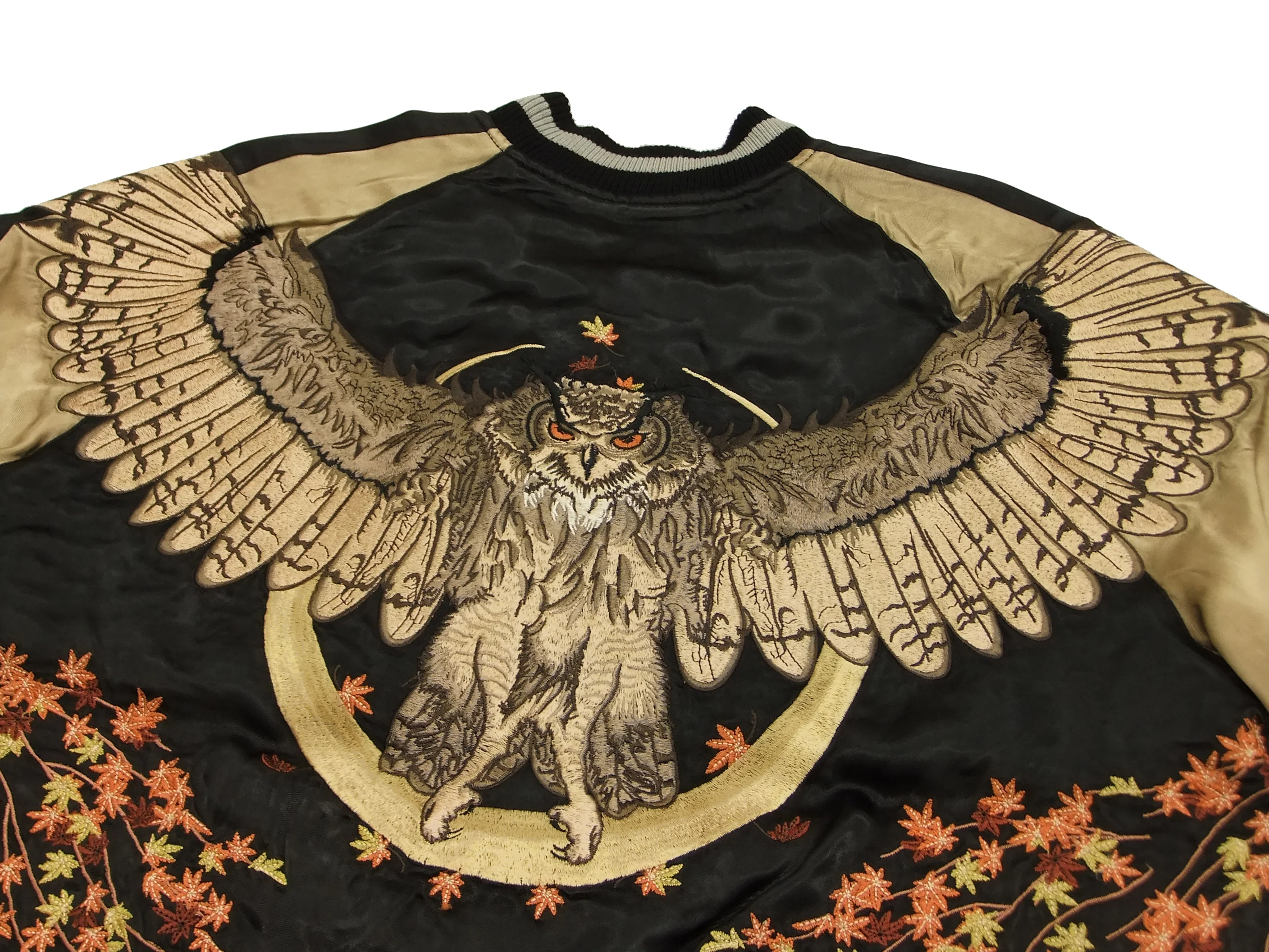 Hanatabi Gakudan Men's Japanese Souvenir Jacket Owl and Autumn Leaves Sukajan Script SKJ-179 - Image 6