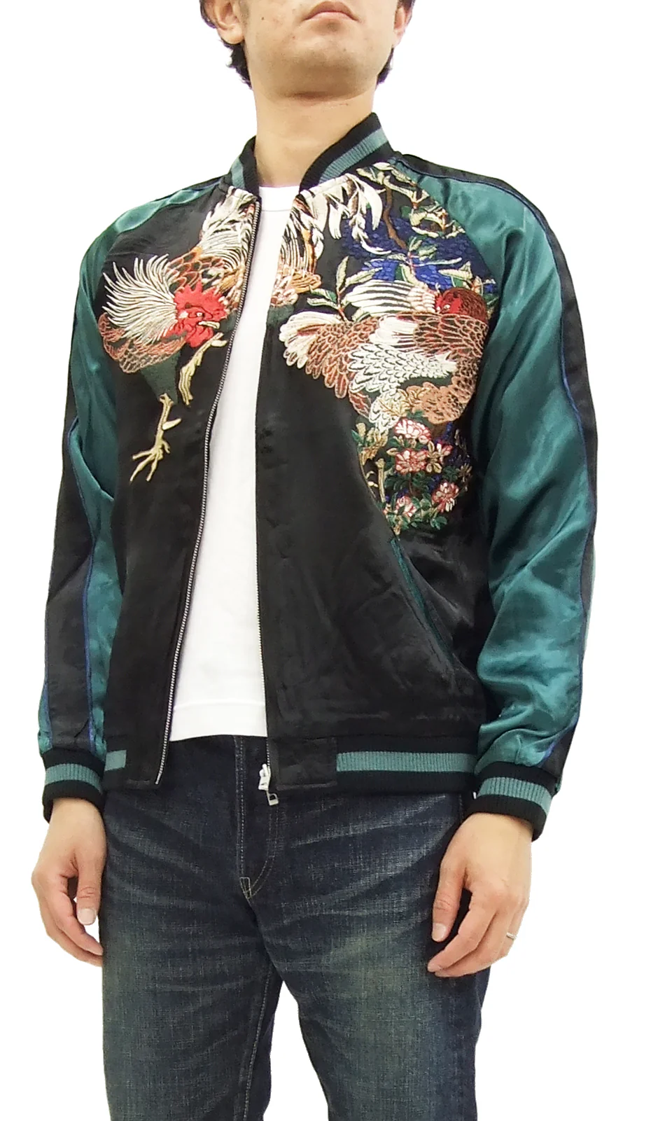 Hanatabi Gakudan Men's Japanese Souvenir Jacket Rooster and Hen Japanese Art Sukajan Script SSJ-018 - Image 5