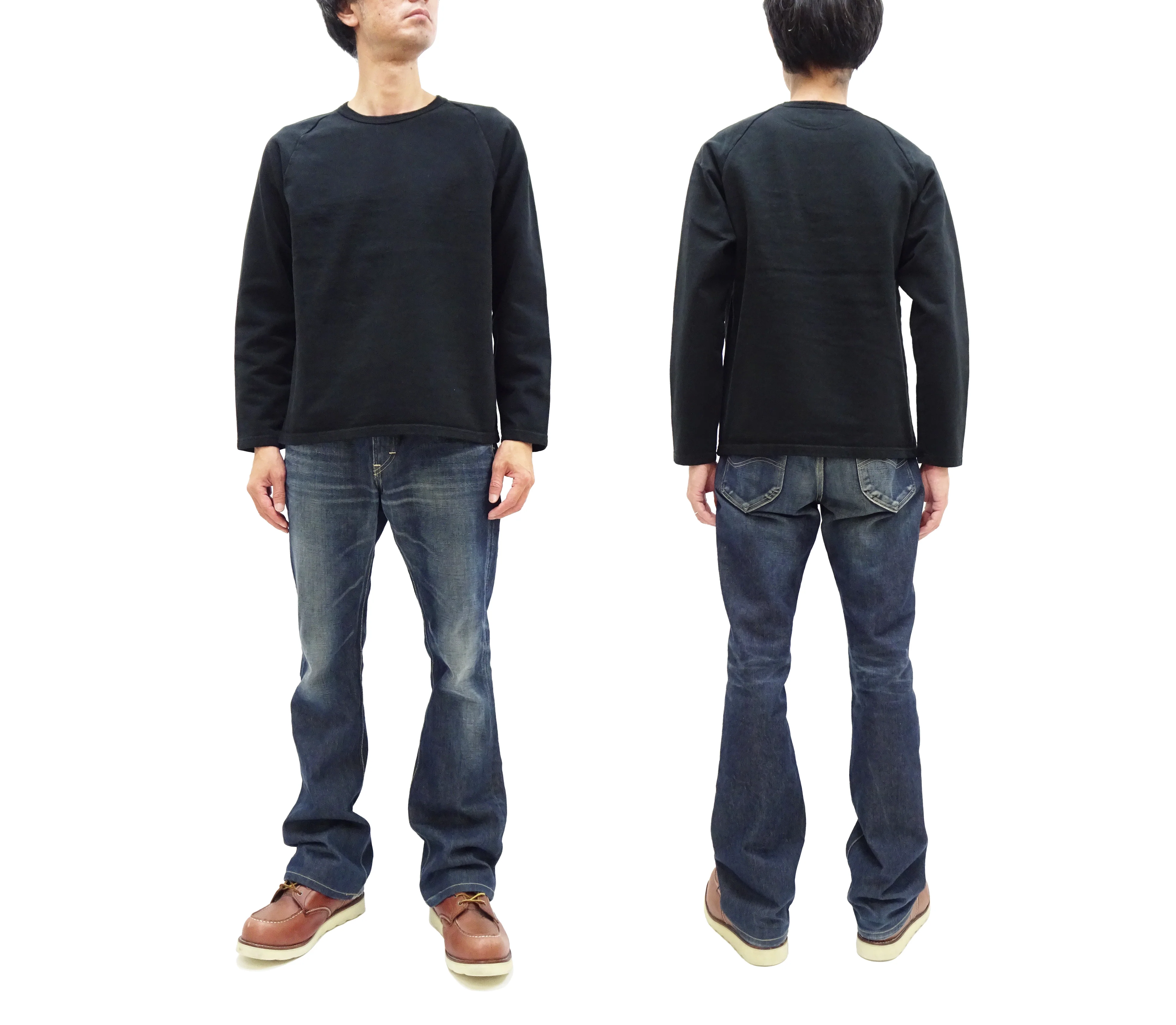Japan Blue Jeans Long Sleeve French Terry T-Shirt Men's Casual Plain Crew-Neck Raglan-Sleeve Inlay Shirt JBKN1001 Black - Image 3