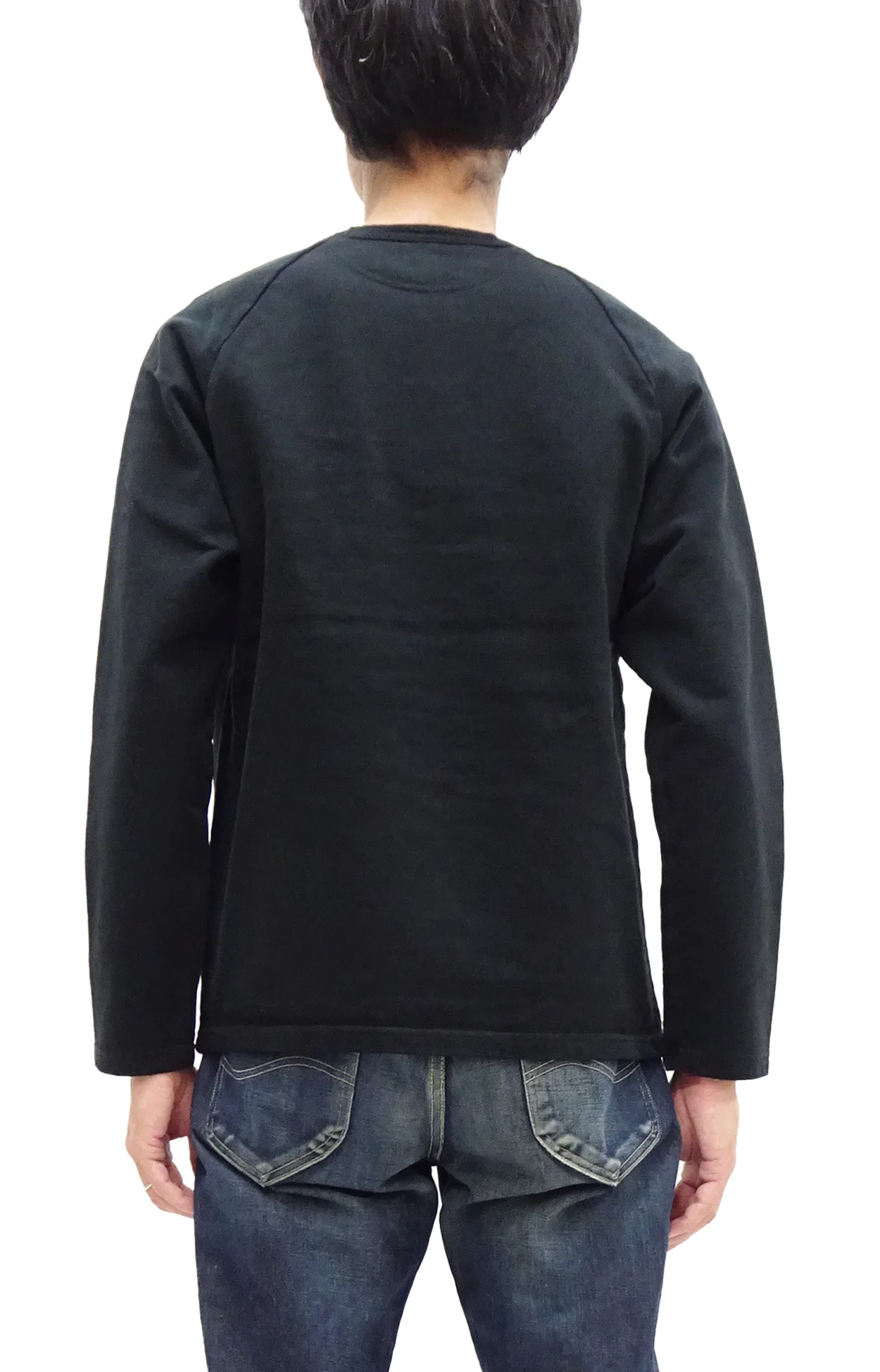 Japan Blue Jeans Long Sleeve French Terry T-Shirt Men's Casual Plain Crew-Neck Raglan-Sleeve Inlay Shirt JBKN1001 Black - Image 4
