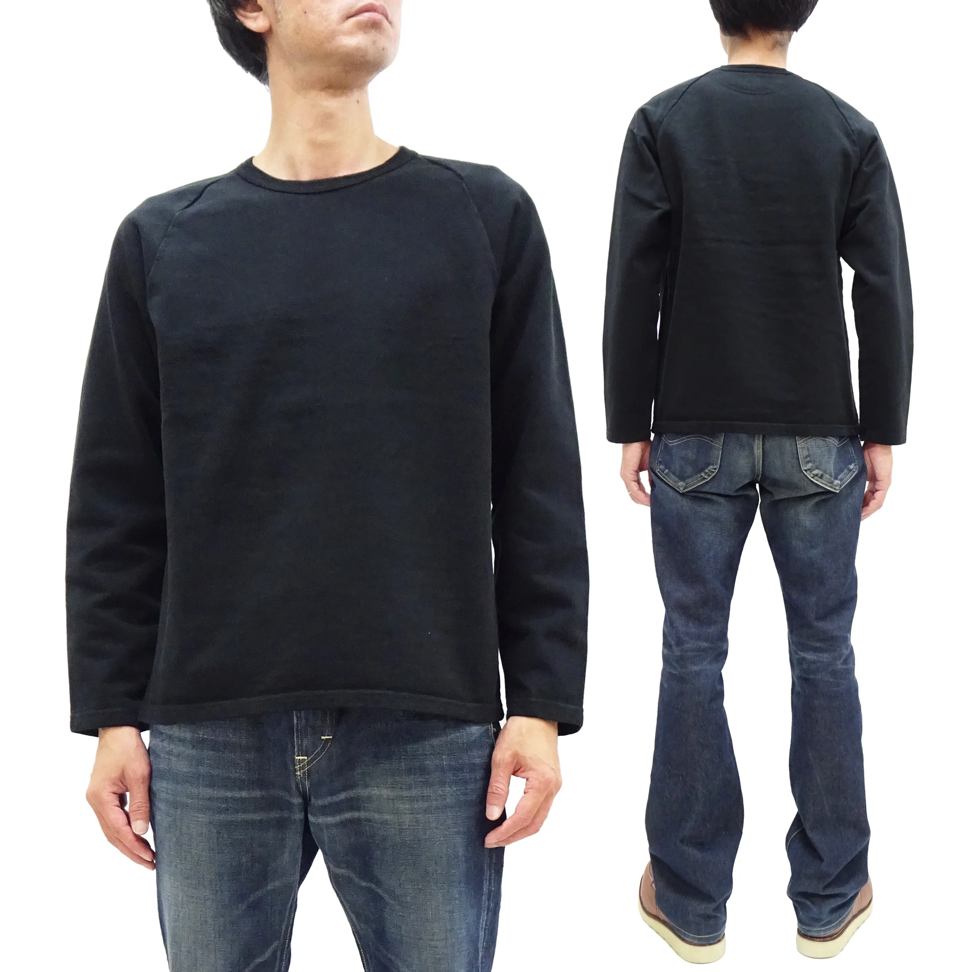 Japan Blue Jeans Long Sleeve French Terry T-Shirt Men's Casual Plain Crew-Neck Raglan-Sleeve Inlay Shirt JBKN1001 Black - Image 5